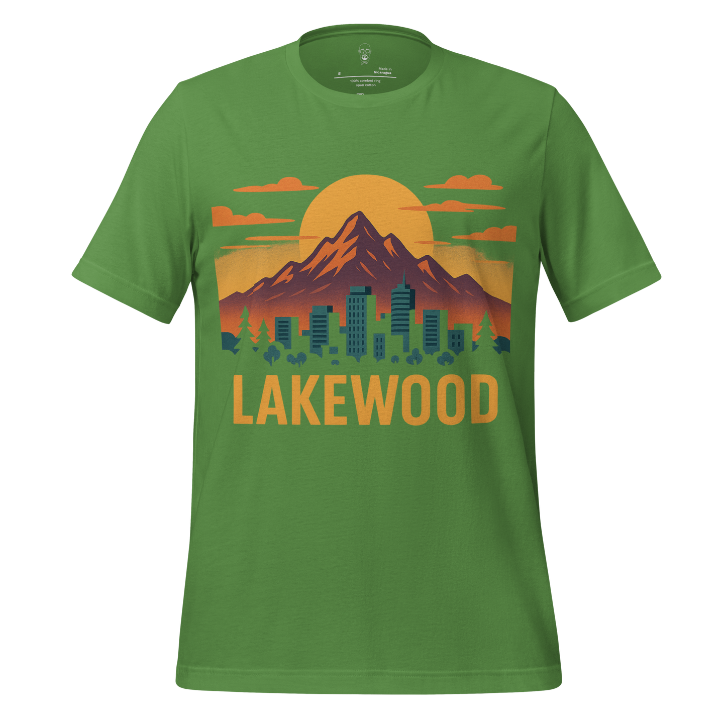 Green Lakewood Graphic T-Shirt featuring mountain and city skyline design with sunset background