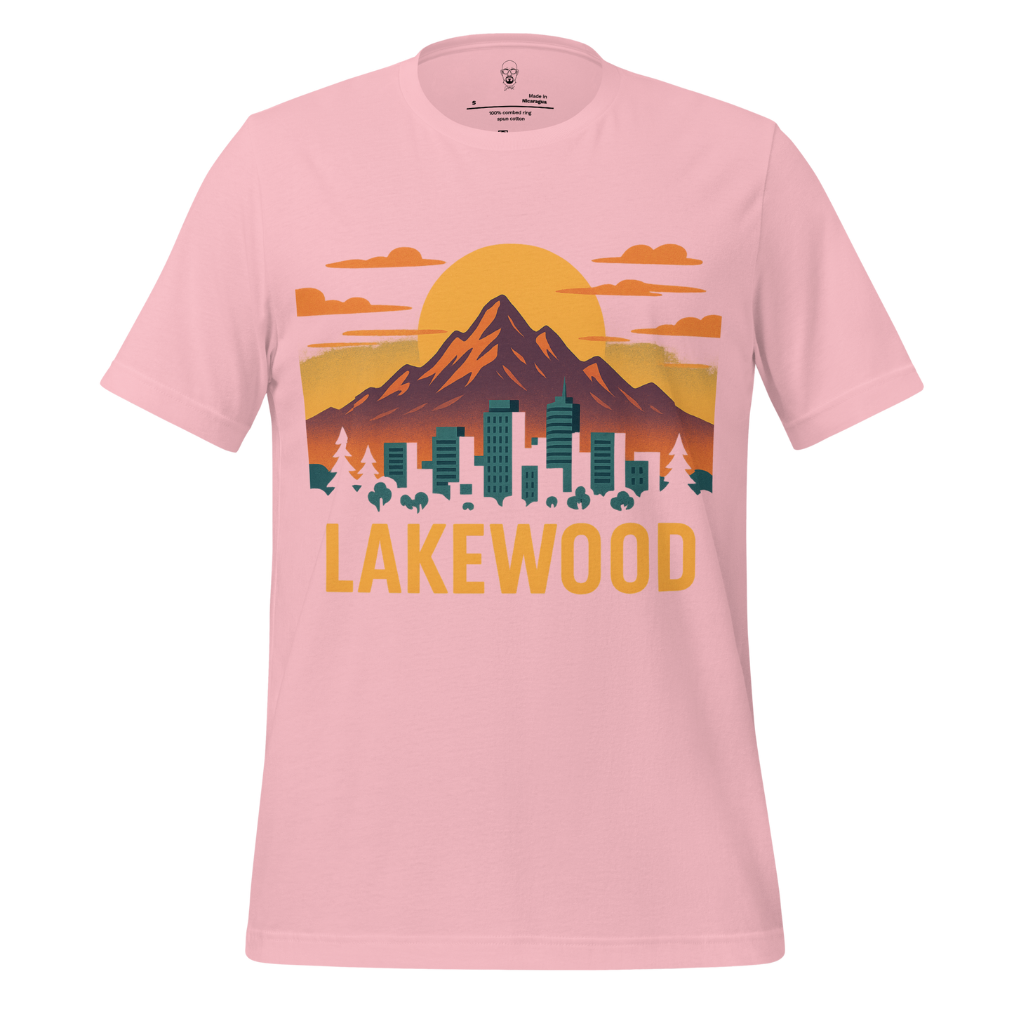 Pink Lakewood Graphic T-Shirt by JMK Drip featuring mountain and city skyline design with sunset
