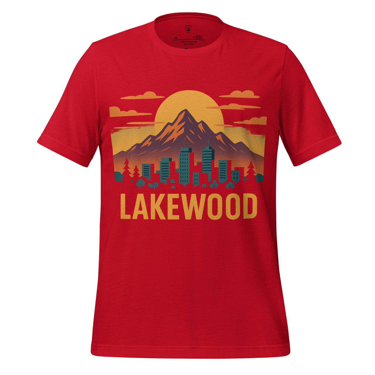 Red Lakewood Graphic T-Shirt featuring mountain and city skyline design with sunrise background