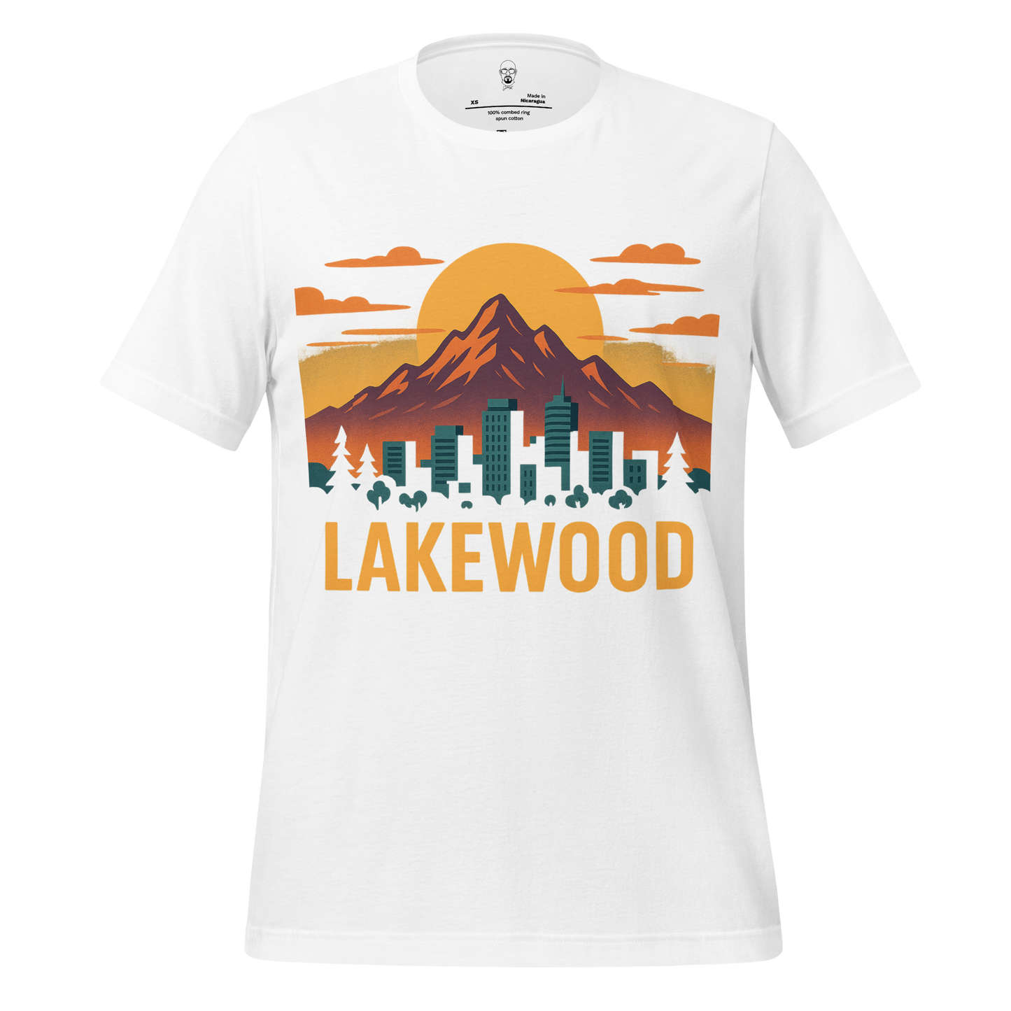 JMK Drip Lakewood Graphic T-Shirt with mountain and city skyline design in orange and green
