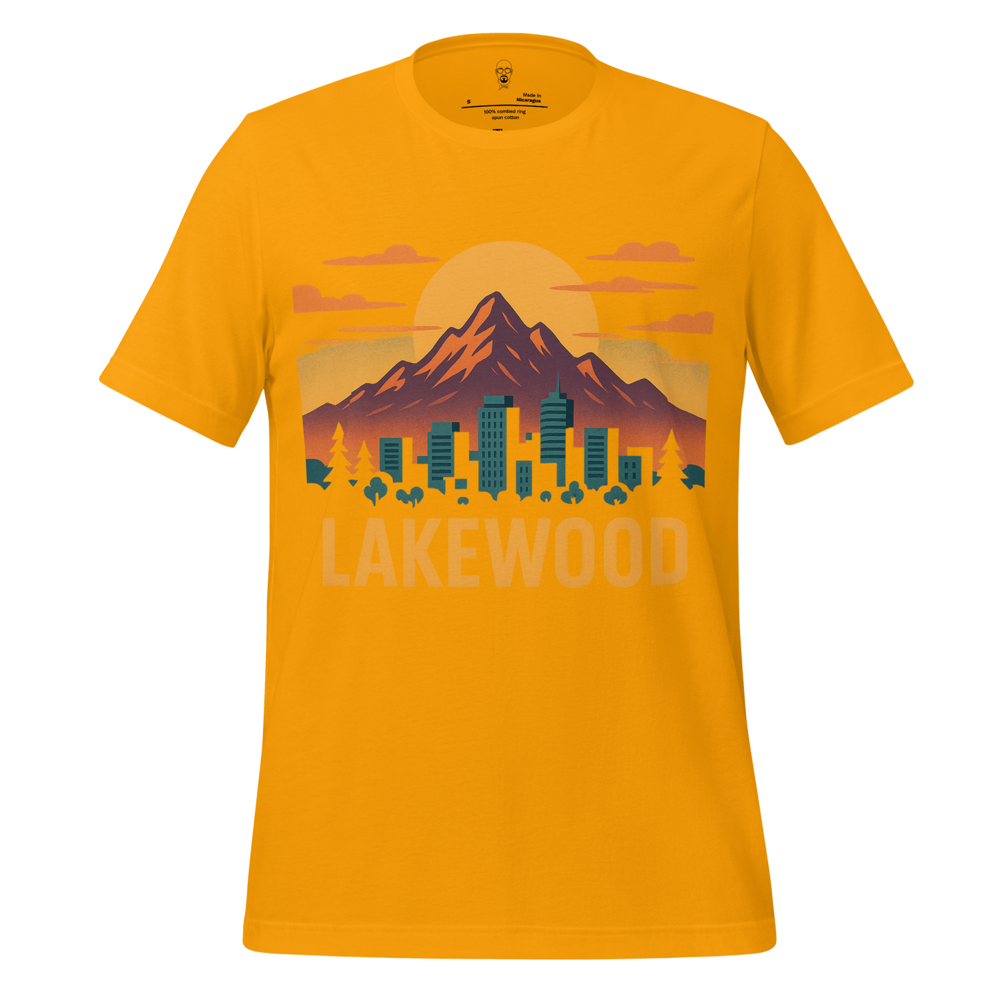 Yellow Lakewood Graphic T-Shirt with mountain and city skyline design by JMK Drip