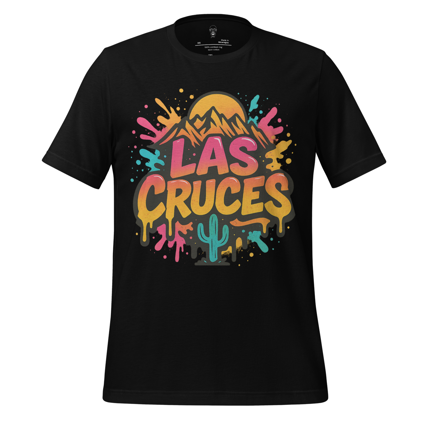 JMK Drip black Las Cruces Graphic T-Shirt with colorful mountain, cactus, and sunset design