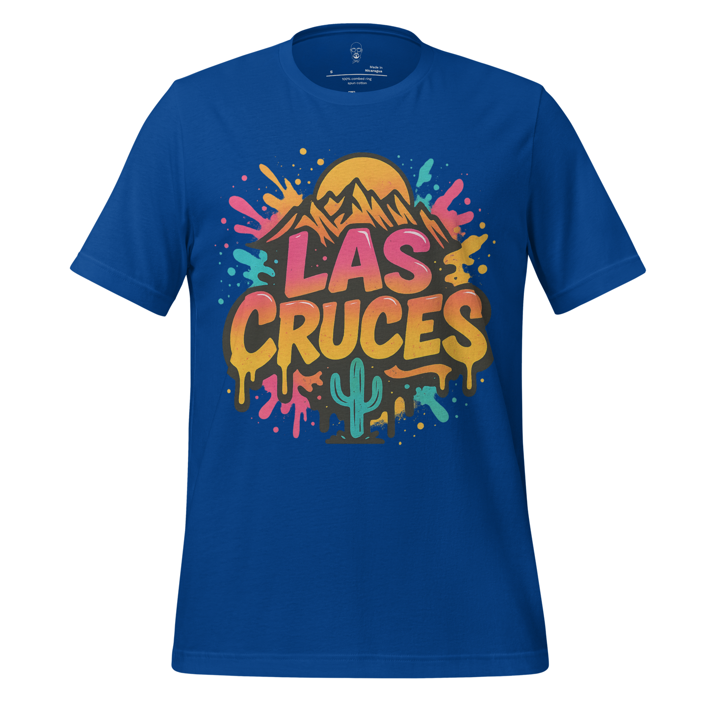 JMK Drip blue Las Cruces Graphic T-Shirt with colorful mountain and cactus design