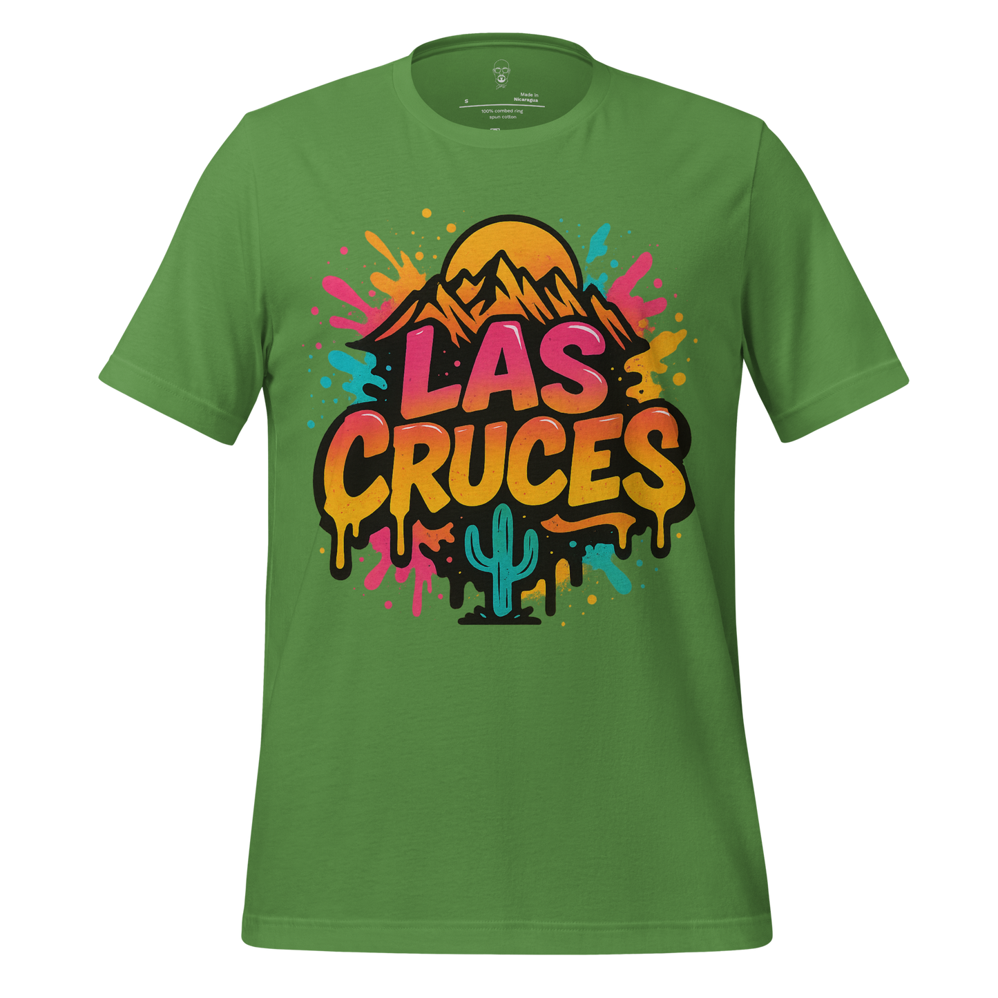 JMK Drip green Las Cruces Graphic T-Shirt with colorful mountain and cactus design