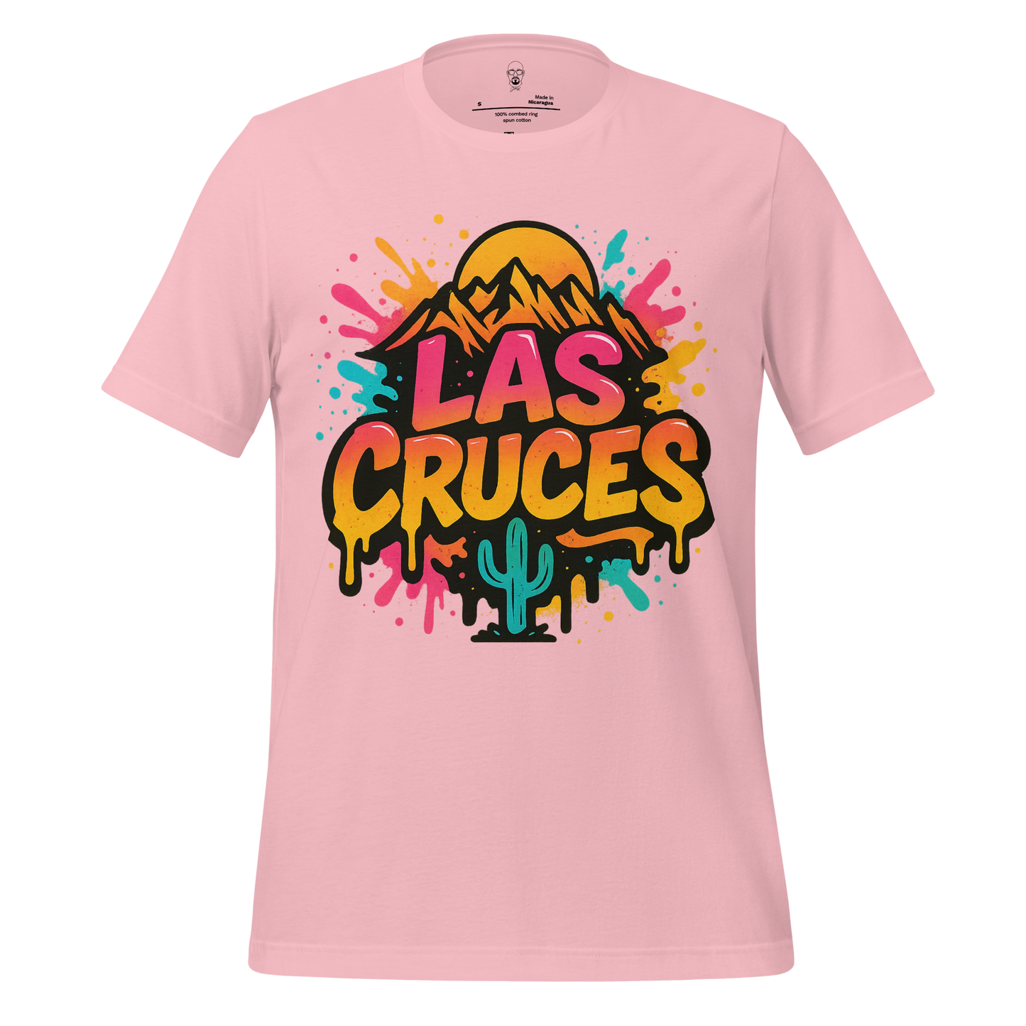 JMK Drip pink Las Cruces Graphic T-Shirt with colorful desert mountain and cactus design