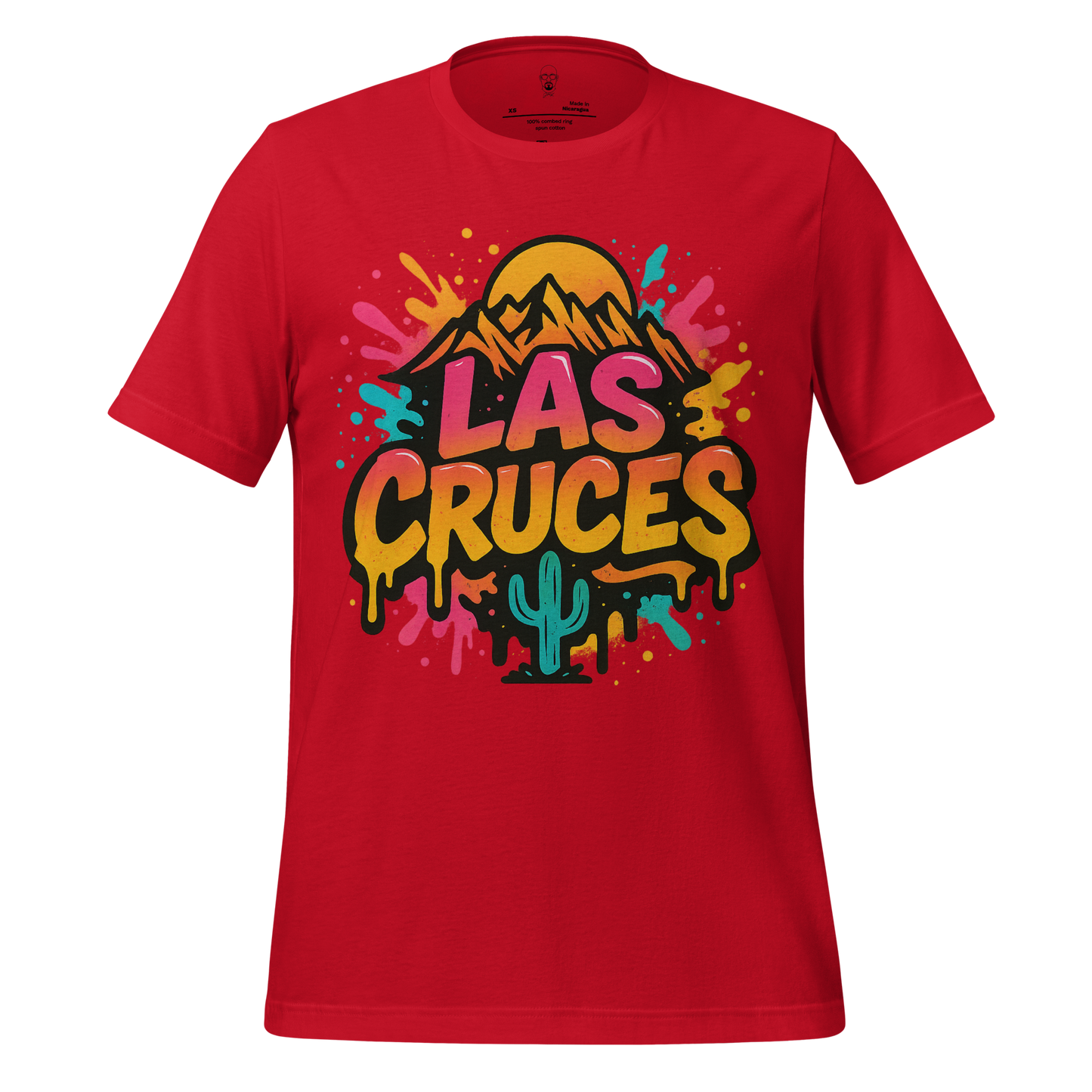 Red Las Cruces Graphic T-Shirt by JMK Drip featuring colorful mountain and cactus design