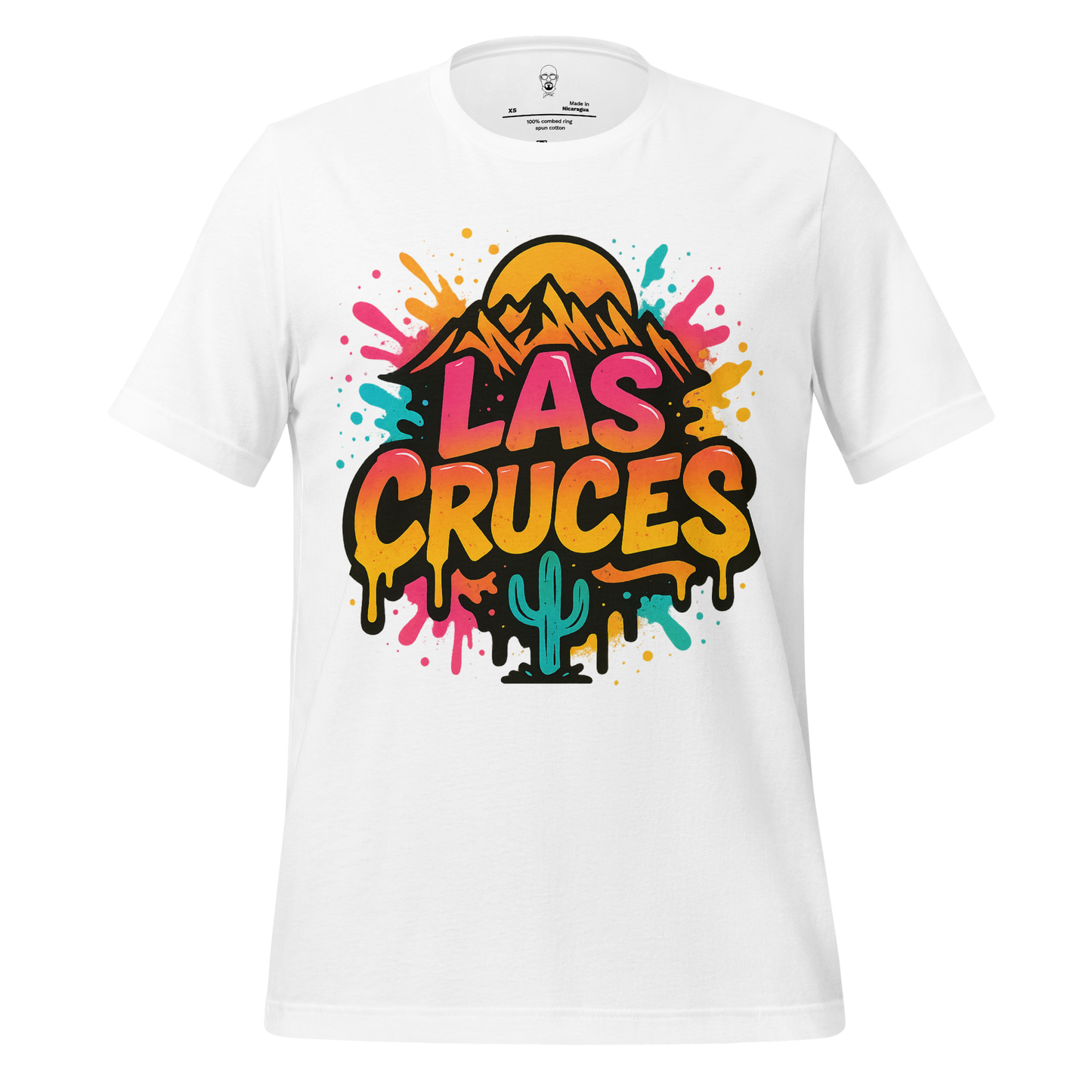 White JMK Drip Las Cruces Graphic T-Shirt with colorful desert mountain and cactus design