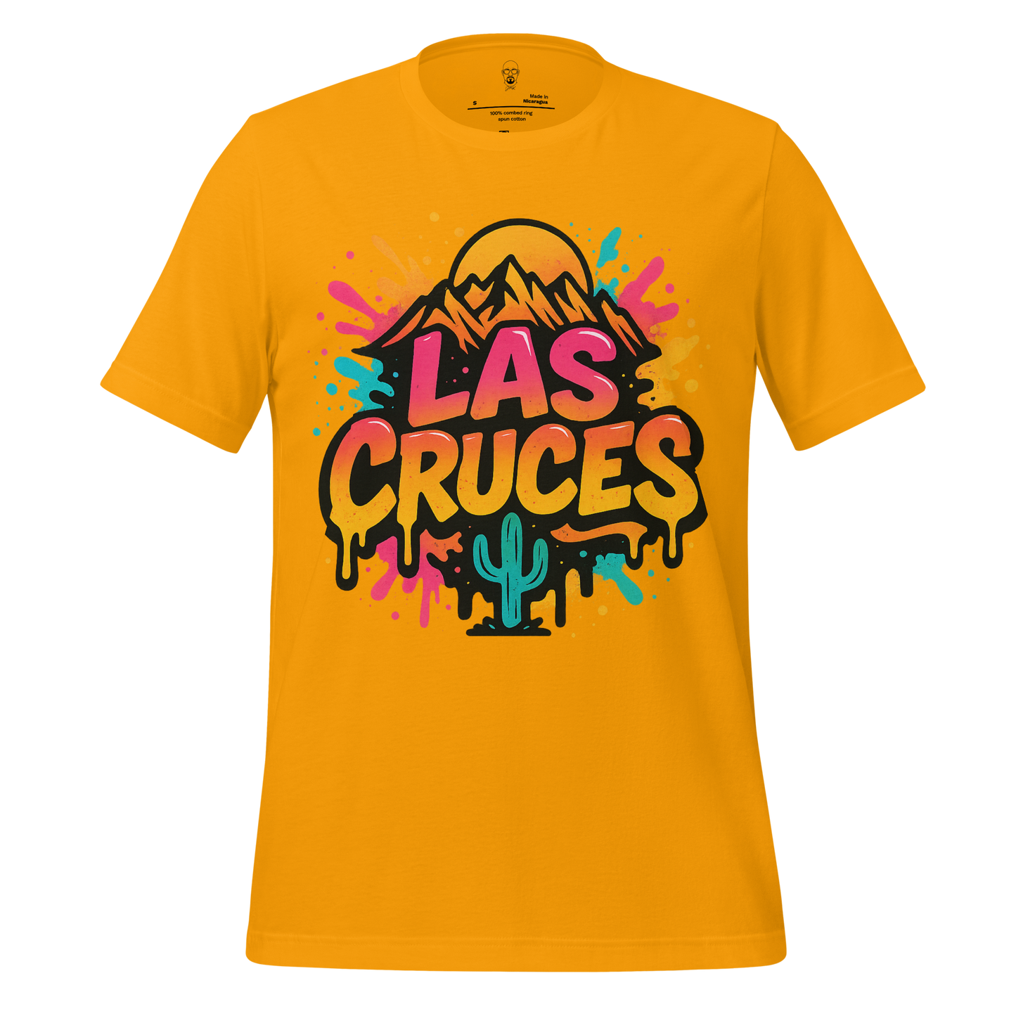 Yellow JMK Drip Las Cruces Graphic T-Shirt with colorful mountain and cactus design