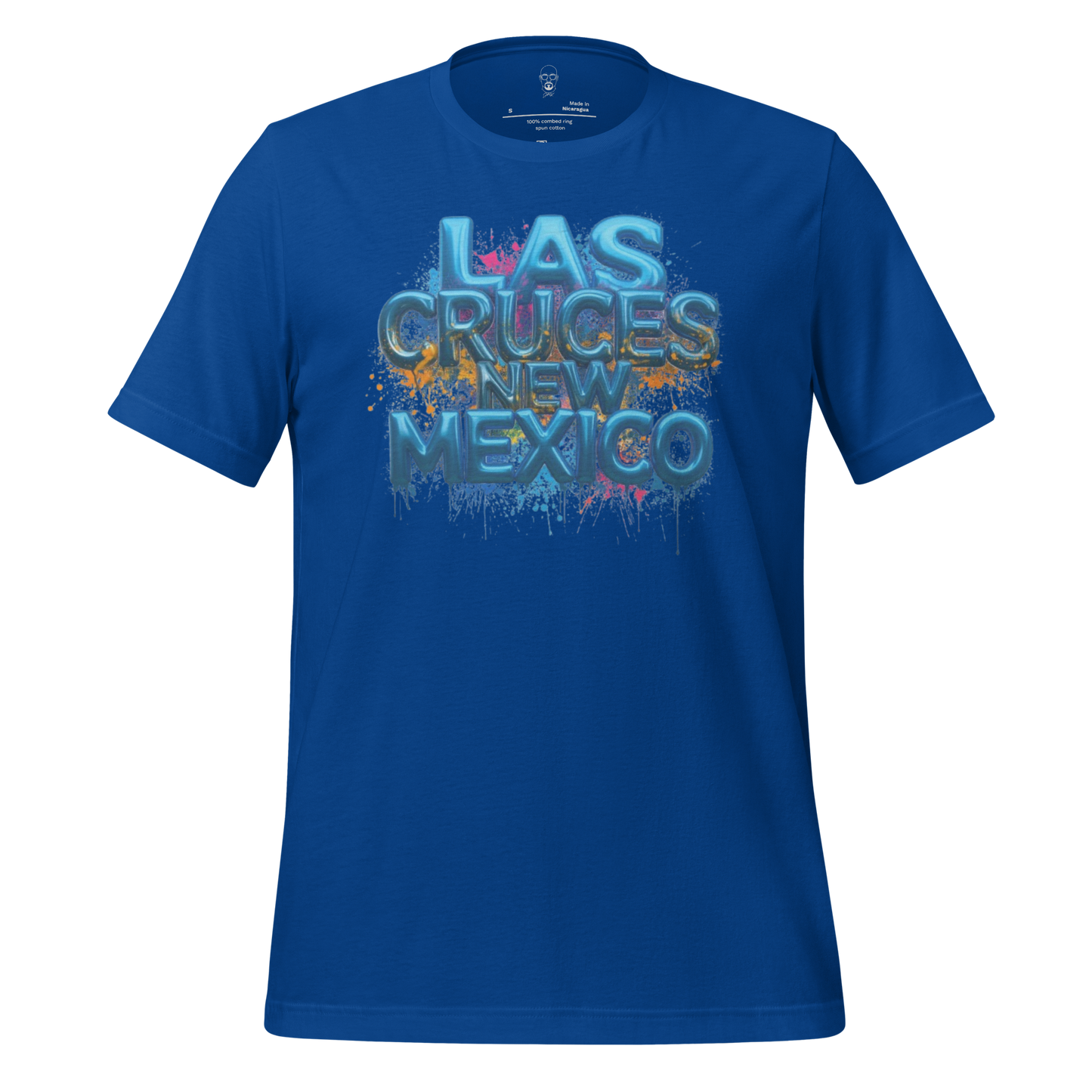 Blue Las Cruces t-shirt with colorful graffiti style text reading Las Cruces New Mexico