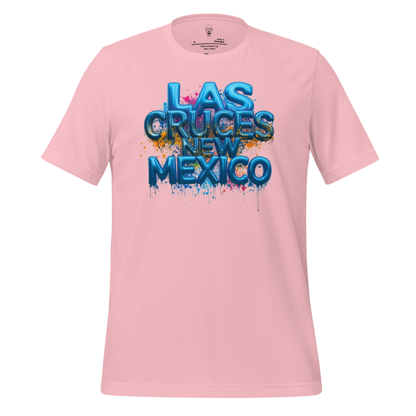 Pink Las Cruces t-shirt by JMK Drip with blue 3D text and paint splatter design