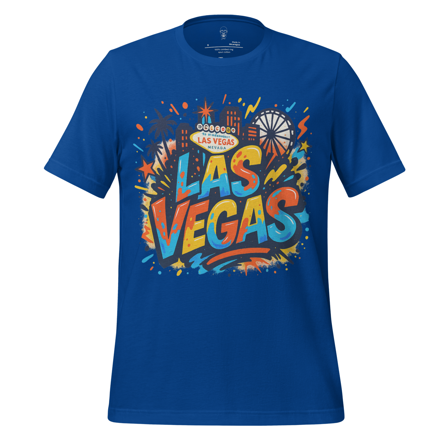 Blue JMK Drip Las Vegas Graphic T-Shirt featuring colorful cityscape and Ferris wheel design