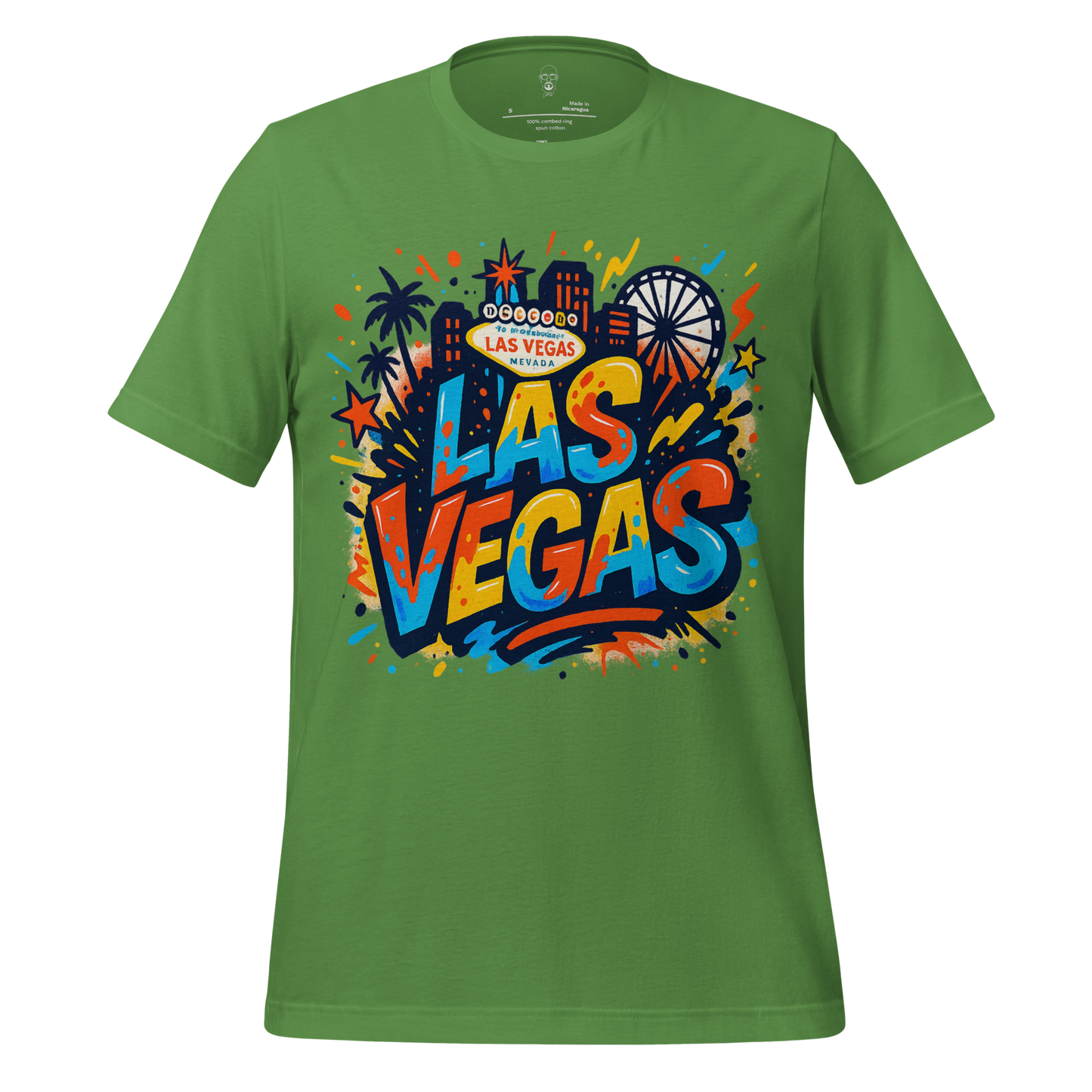 Green JMK Drip Las Vegas Graphic T-Shirt with colorful cityscape and Ferris wheel design