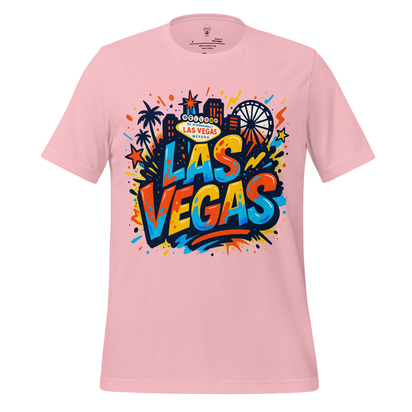 JMK Drip pink Las Vegas Graphic T-Shirt with colorful city skyline and iconic landmarks design