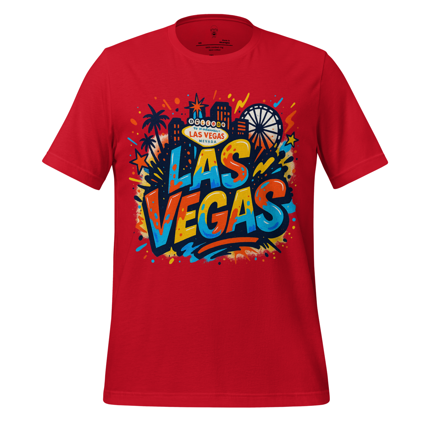 Red Las Vegas Graphic T-Shirt by JMK Drip with colorful cityscape and iconic landmarks design
