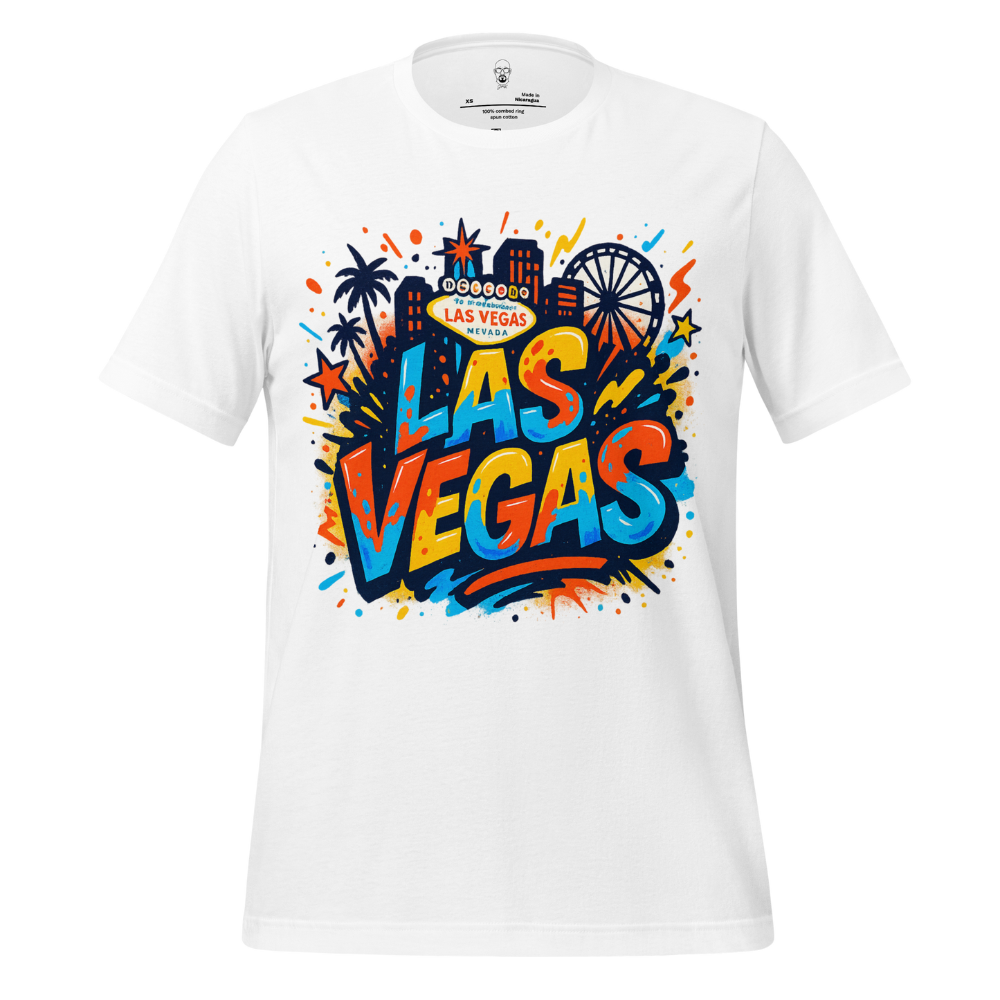 White T-shirt featuring colorful Las Vegas Graphic T-Shirt design with city skyline and Ferris wheel