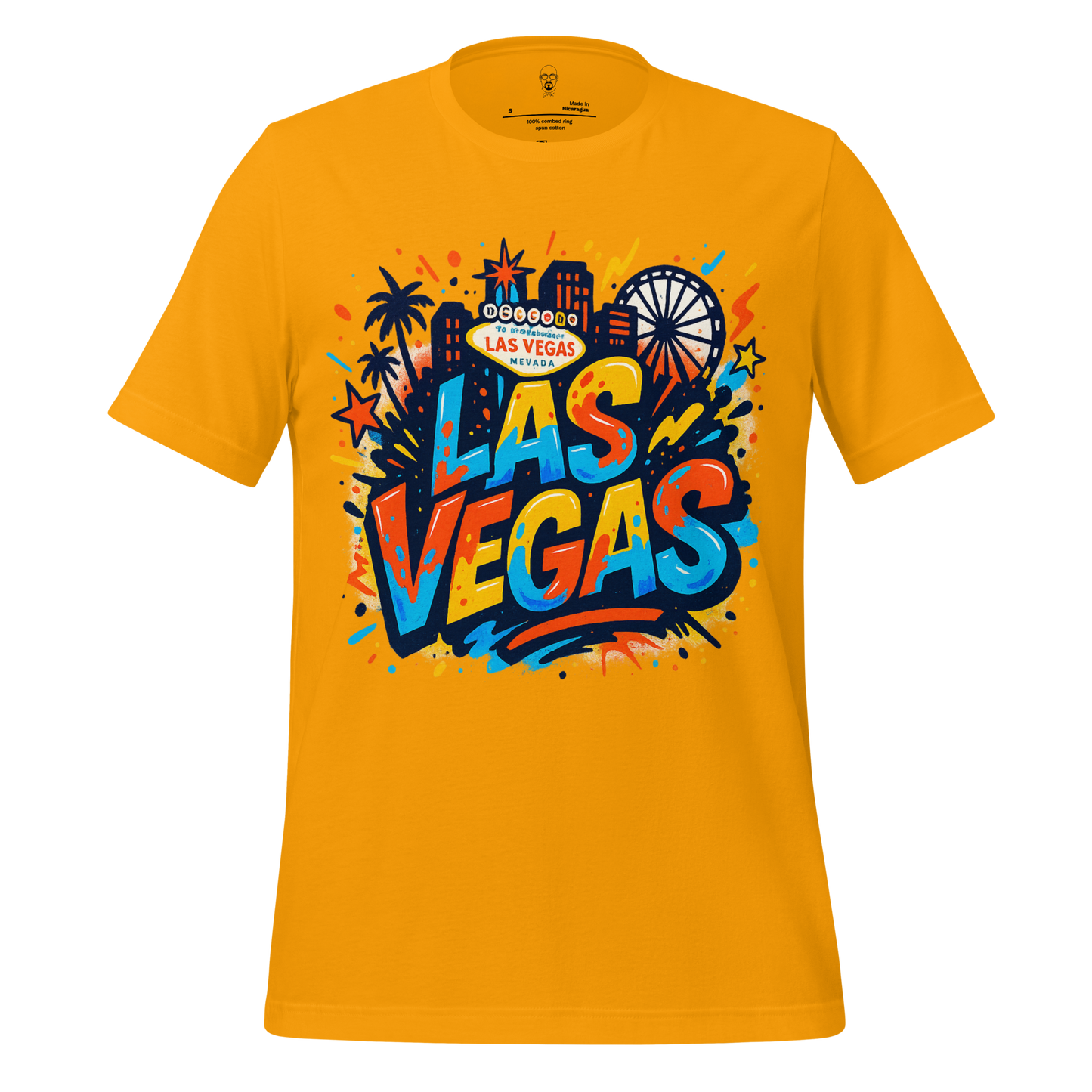 JMK Drip yellow Las Vegas Graphic T-Shirt with colorful city skyline and iconic landmarks design