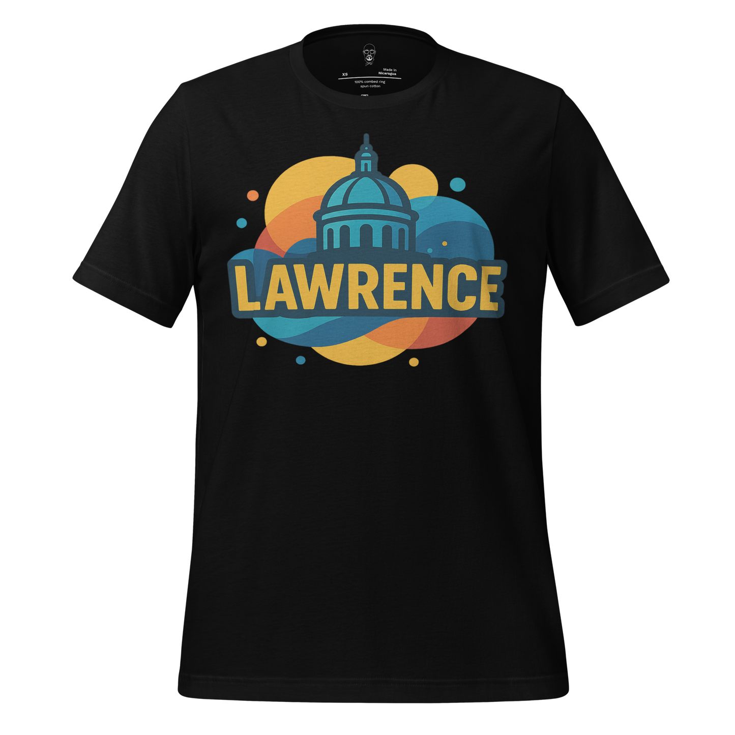 Black Lawrence graphic t-shirt from JMK Drip with colorful city dome design on front