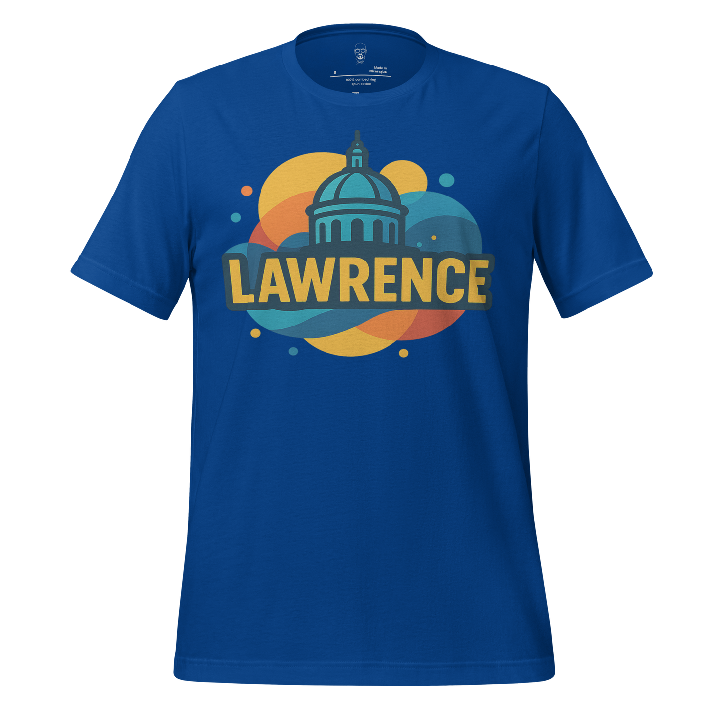 Blue Lawrence graphic t-shirt by JMK Drip with colorful city dome design on front