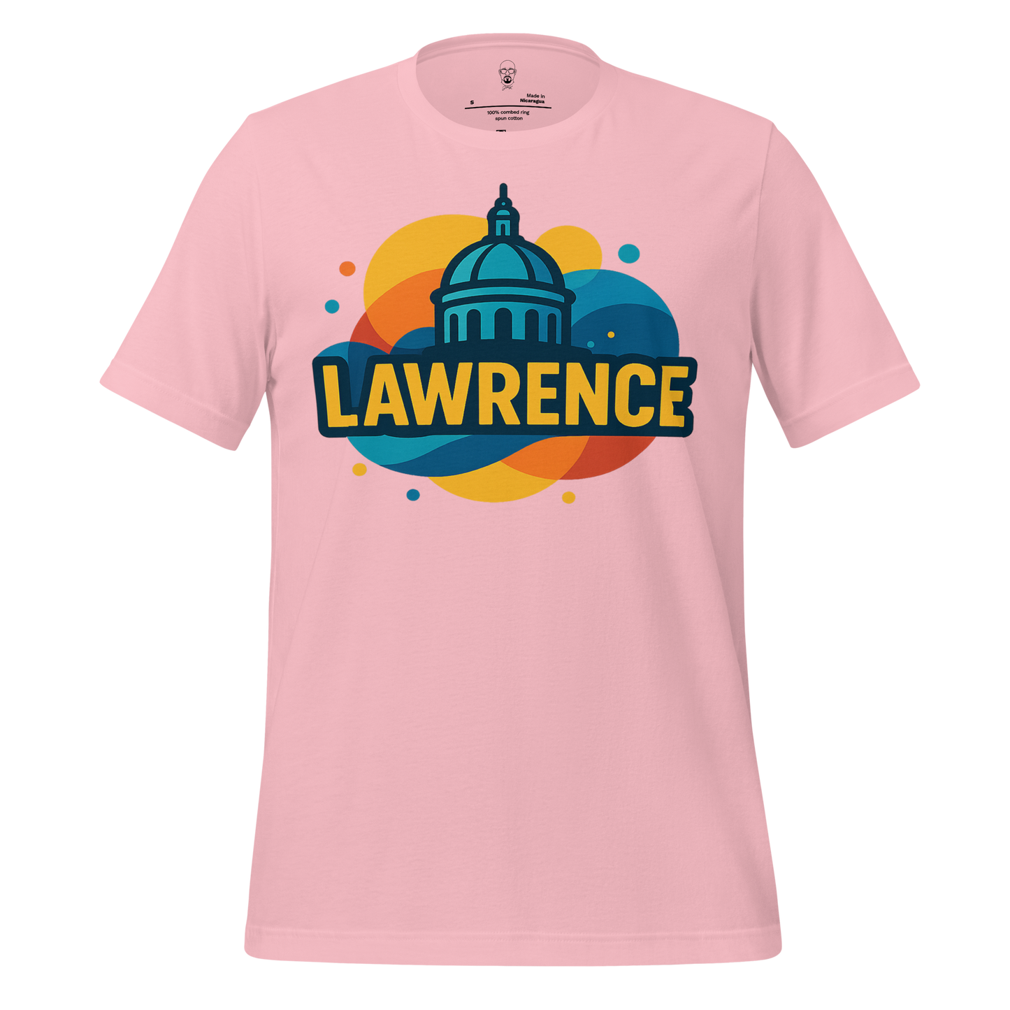 Pink Lawrence graphic t-shirt by JMK Drip with colorful cityscape design and bold lettering