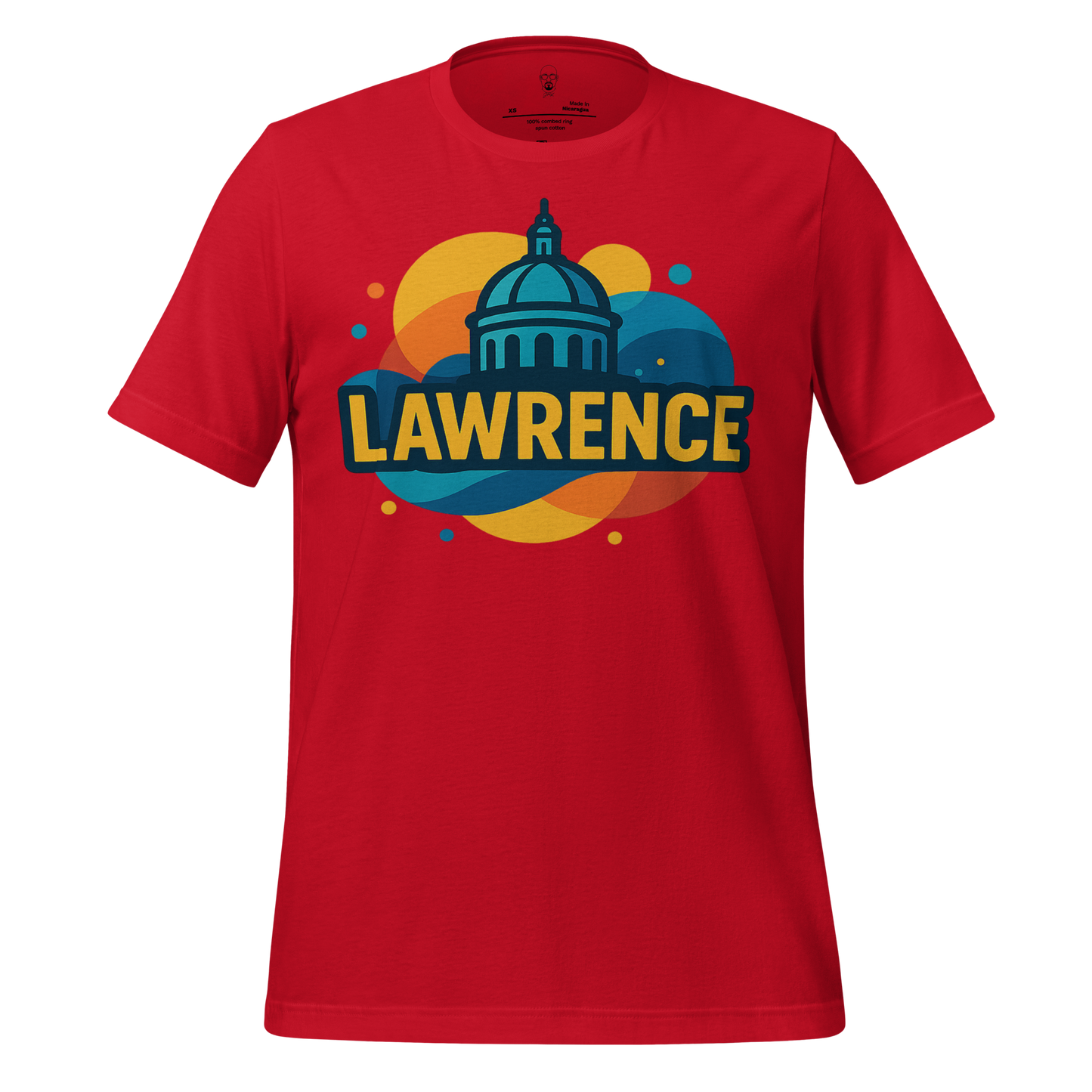 Red Lawrence graphic t-shirt by JMK Drip with blue and yellow cityscape design
