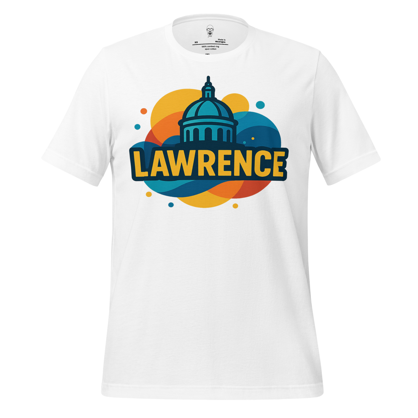 White Lawrence graphic t-shirt by JMK Drip featuring colorful dome and bold lettering design