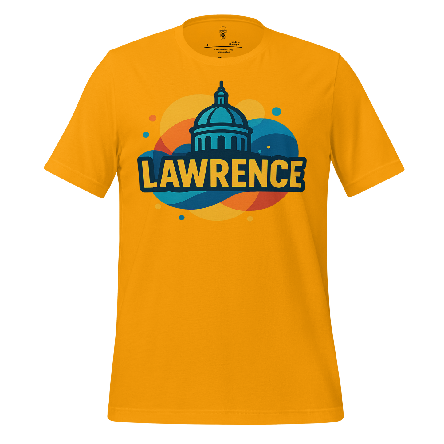 JMK Drip Lawrence graphic t-shirt in bright yellow with colorful city dome design