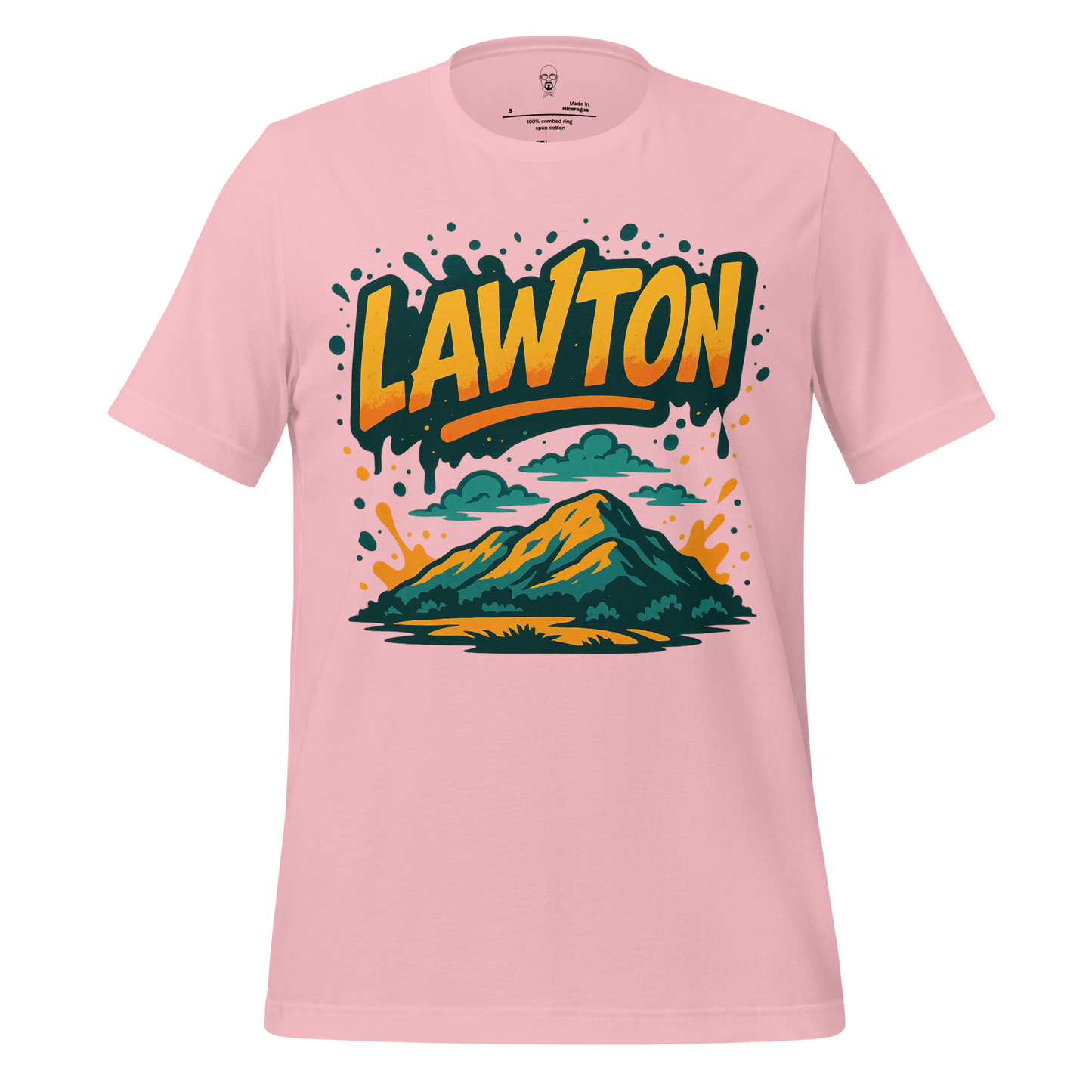 Pink Lawton Graphic T-Shirt by JMK Drip with mountain and cloud design in bold colors