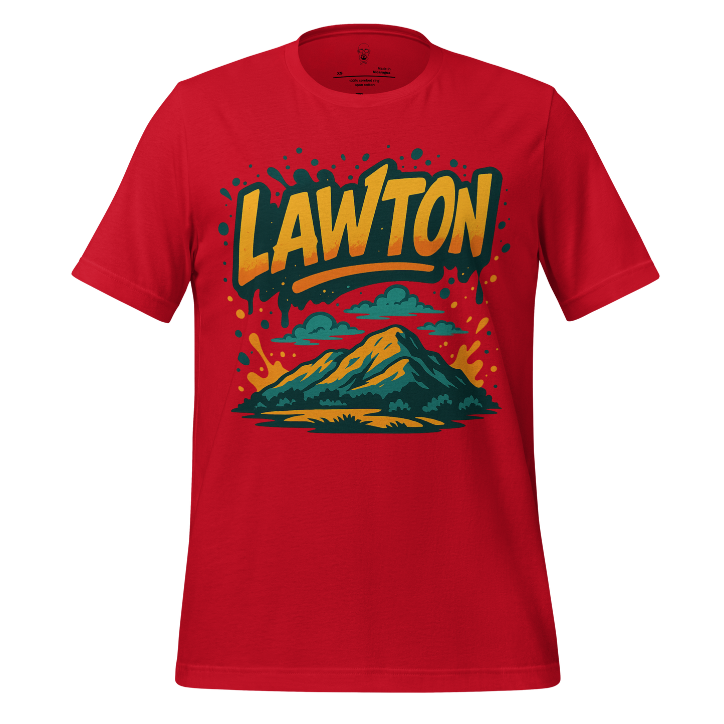 Red Lawton Graphic T-Shirt by JMK Drip with colorful mountain and sky design on front