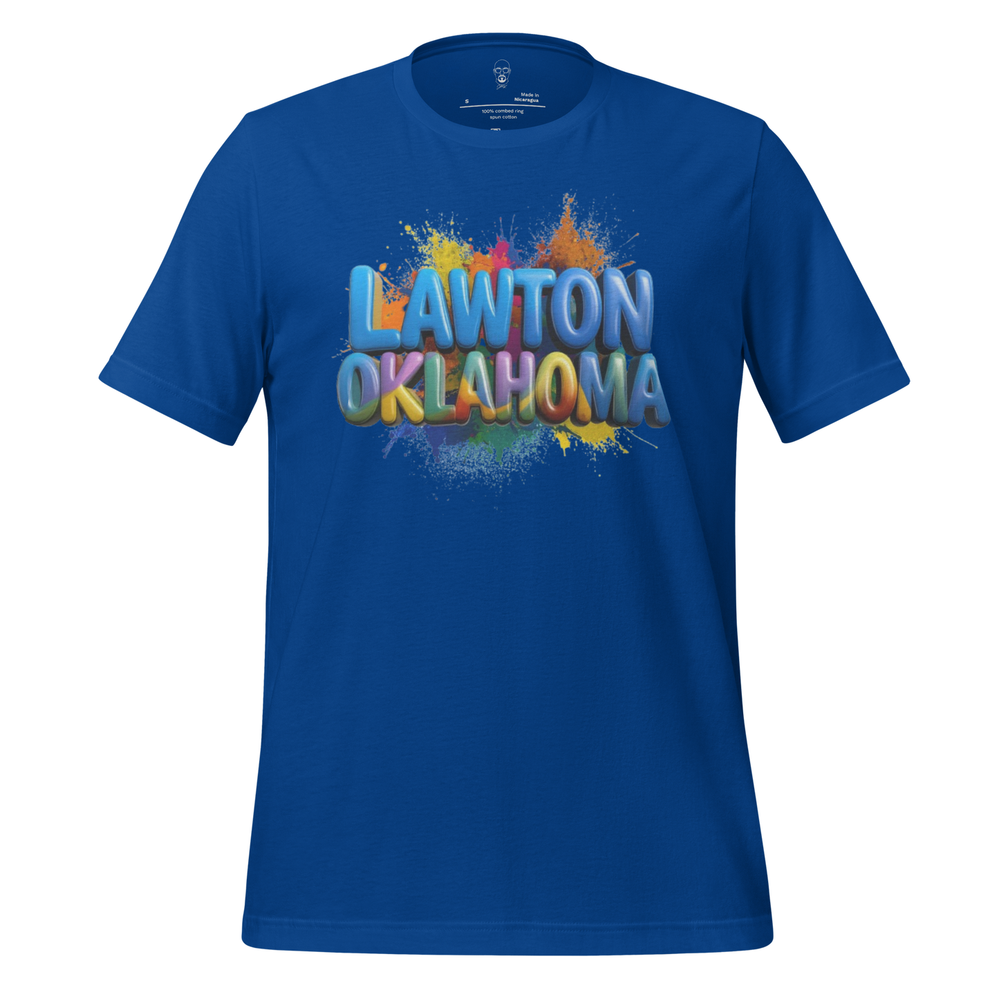 Blue JMK Drip Lawton Oklahoma graphic tee with colorful splatter and 3D style text design