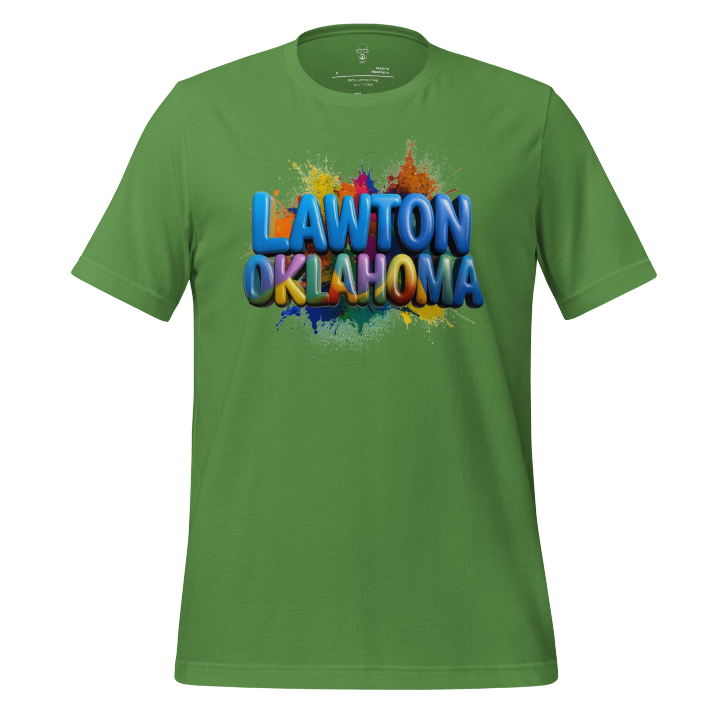 Green short sleeve t-shirt with colorful Lawton Oklahoma graphic tee design by JMK Drip