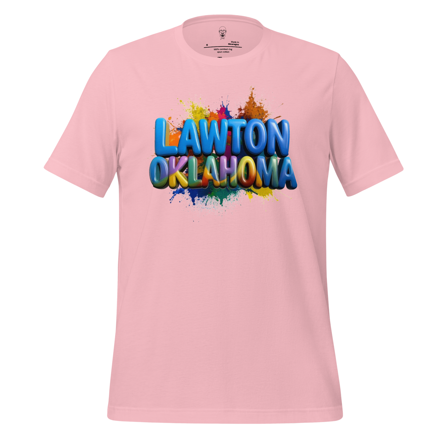 Pink T-shirt featuring colorful Lawton Oklahoma graphic tee design with splash art print