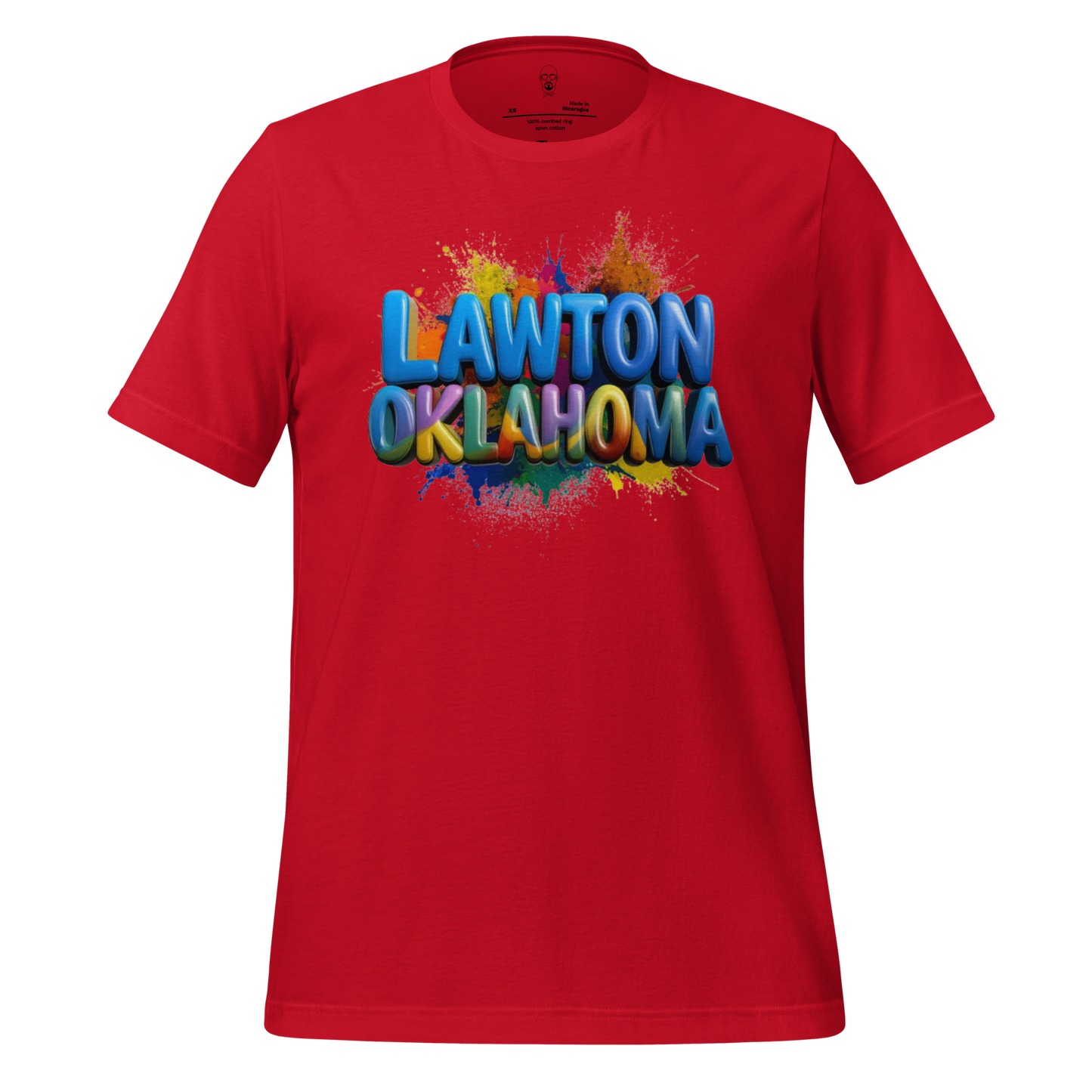 Red Lawton Oklahoma graphic tee with colorful 3D text and paint splatter design by JMK Drip