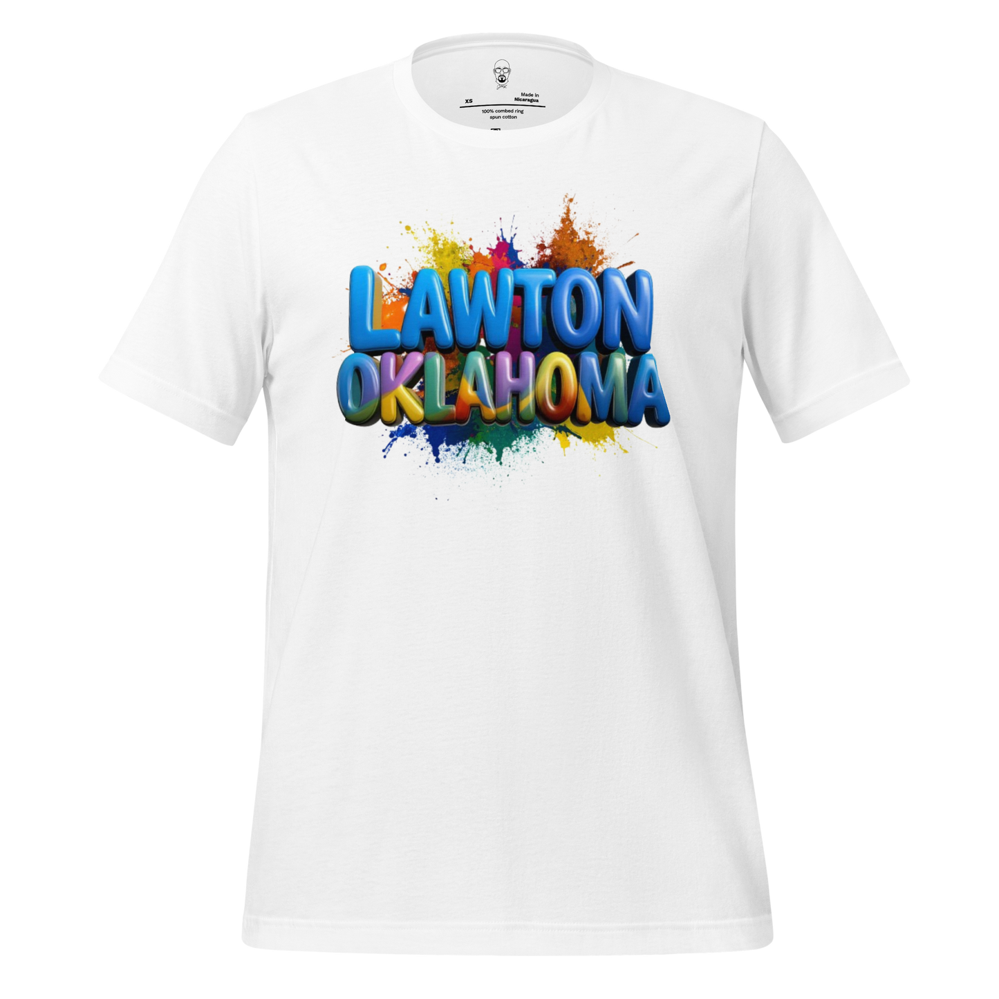 White t-shirt featuring colorful Lawton Oklahoma graphic tee design with paint splatter background