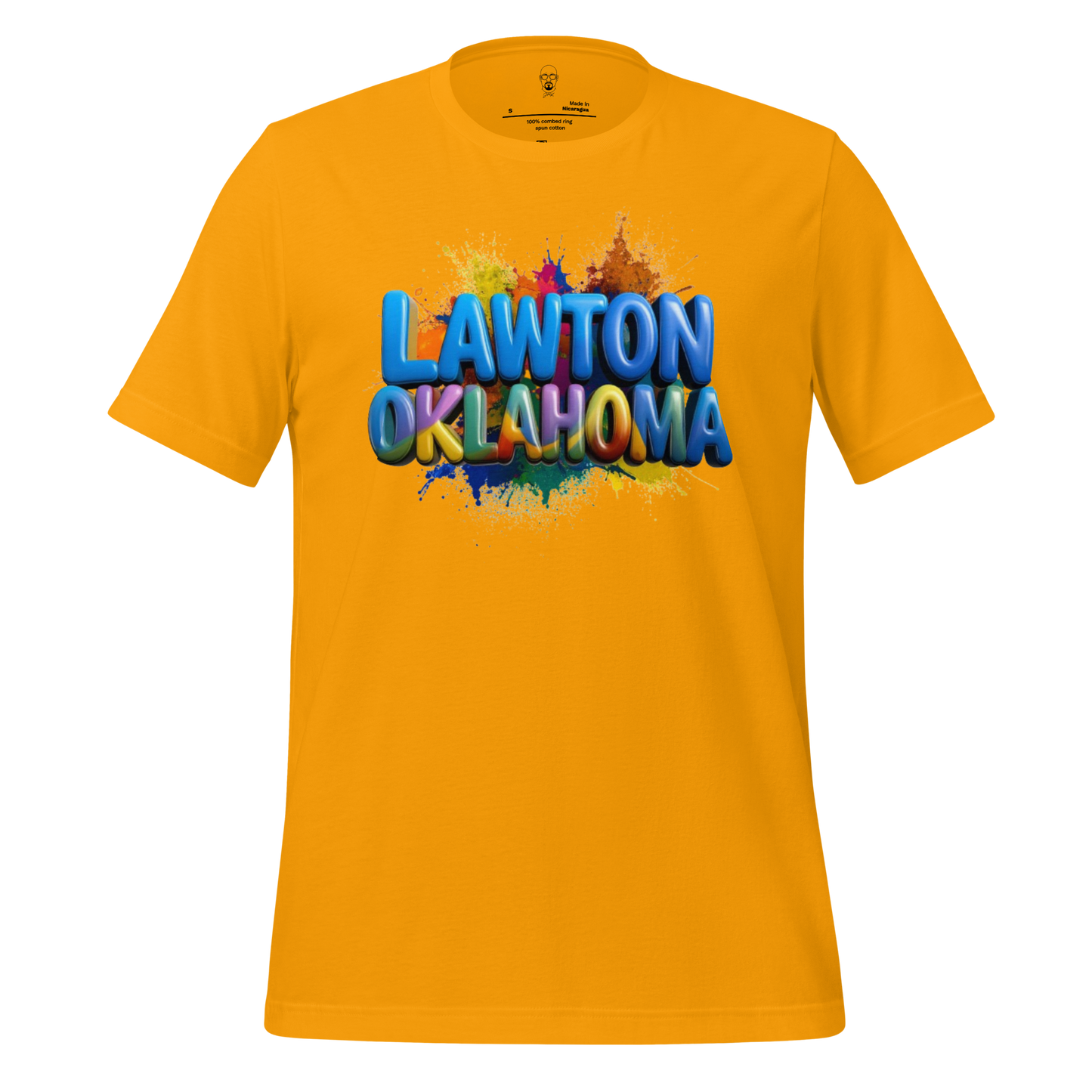 JMK Drip yellow Lawton Oklahoma graphic tee with colorful splash design and bold 3D text
