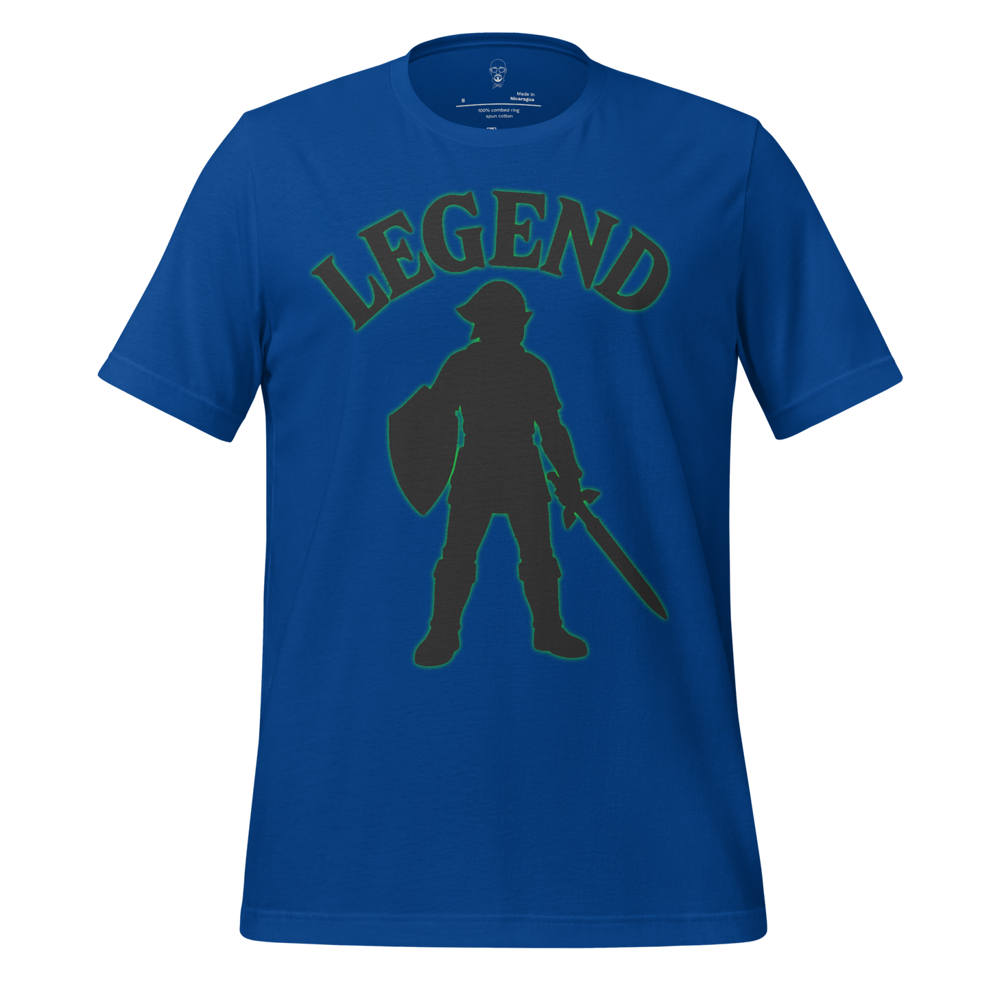 Blue Legend graphic t-shirt featuring a silhouette of a warrior with a sword and shield