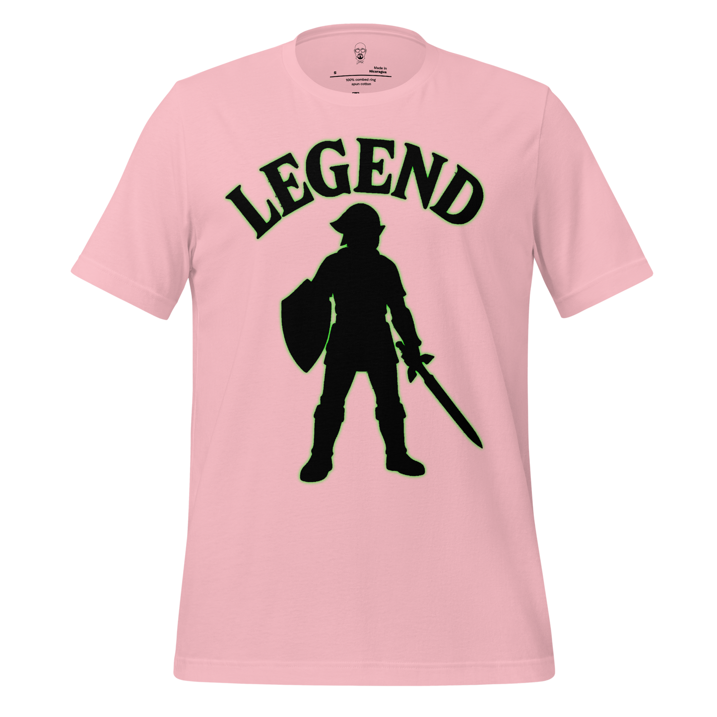 Pink Legend graphic t-shirt by JMK Drip featuring a silhouette of a warrior with shield and sword