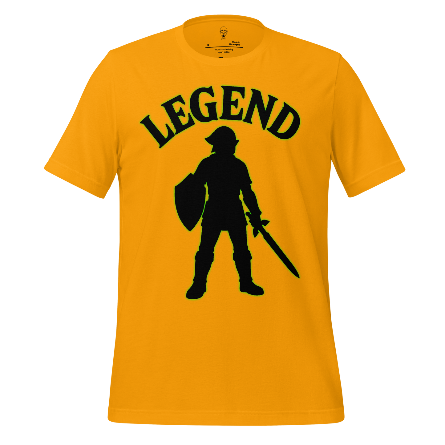 JMK Drip yellow Legend graphic t-shirt with silhouette of warrior holding sword and shield