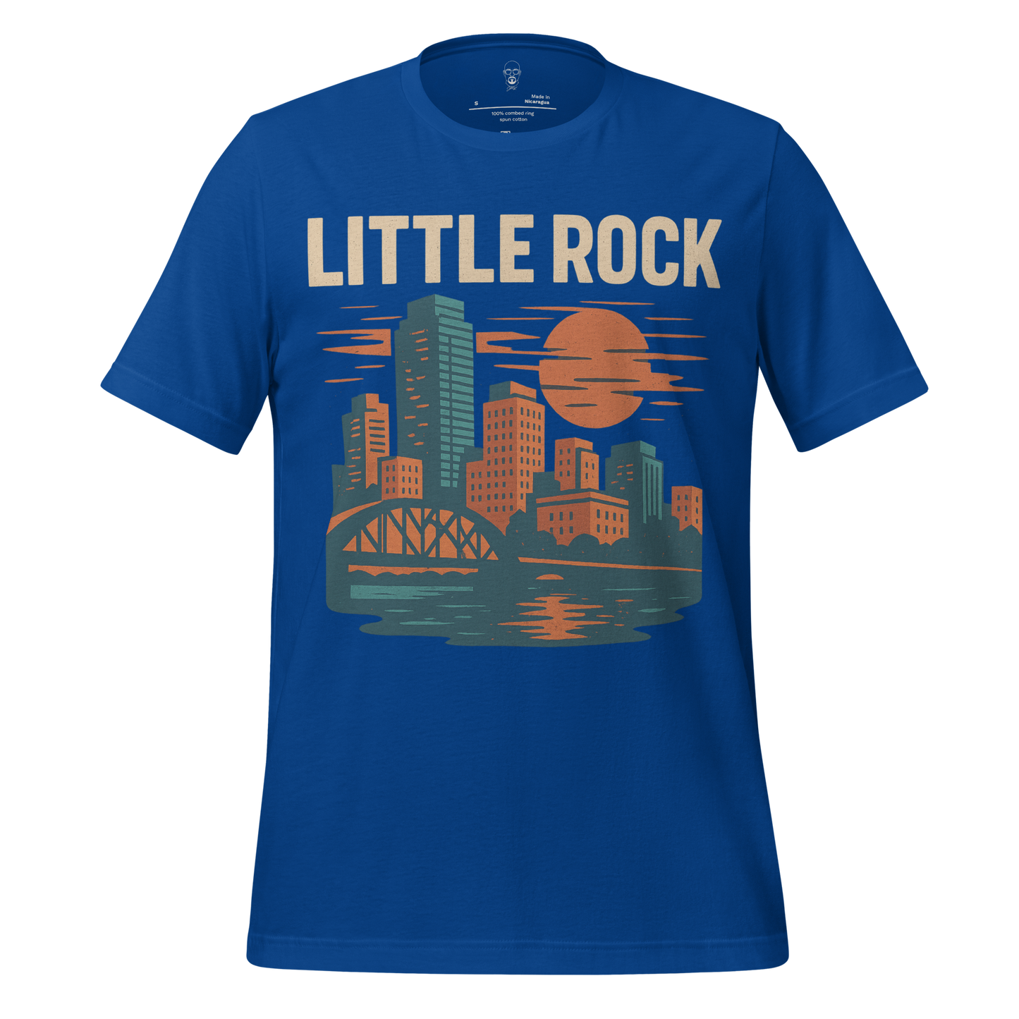 JMK Drip Little Rock Graphic T-Shirt in blue with city skyline and sunset design