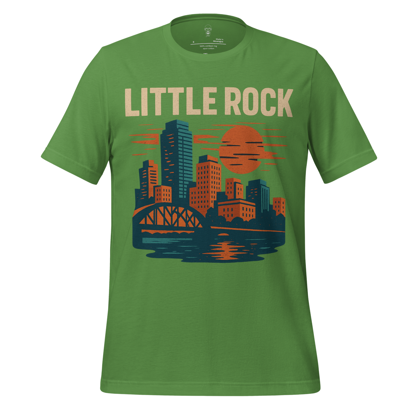 Green Little Rock Graphic T-Shirt featuring city skyline with bridge and sunset design