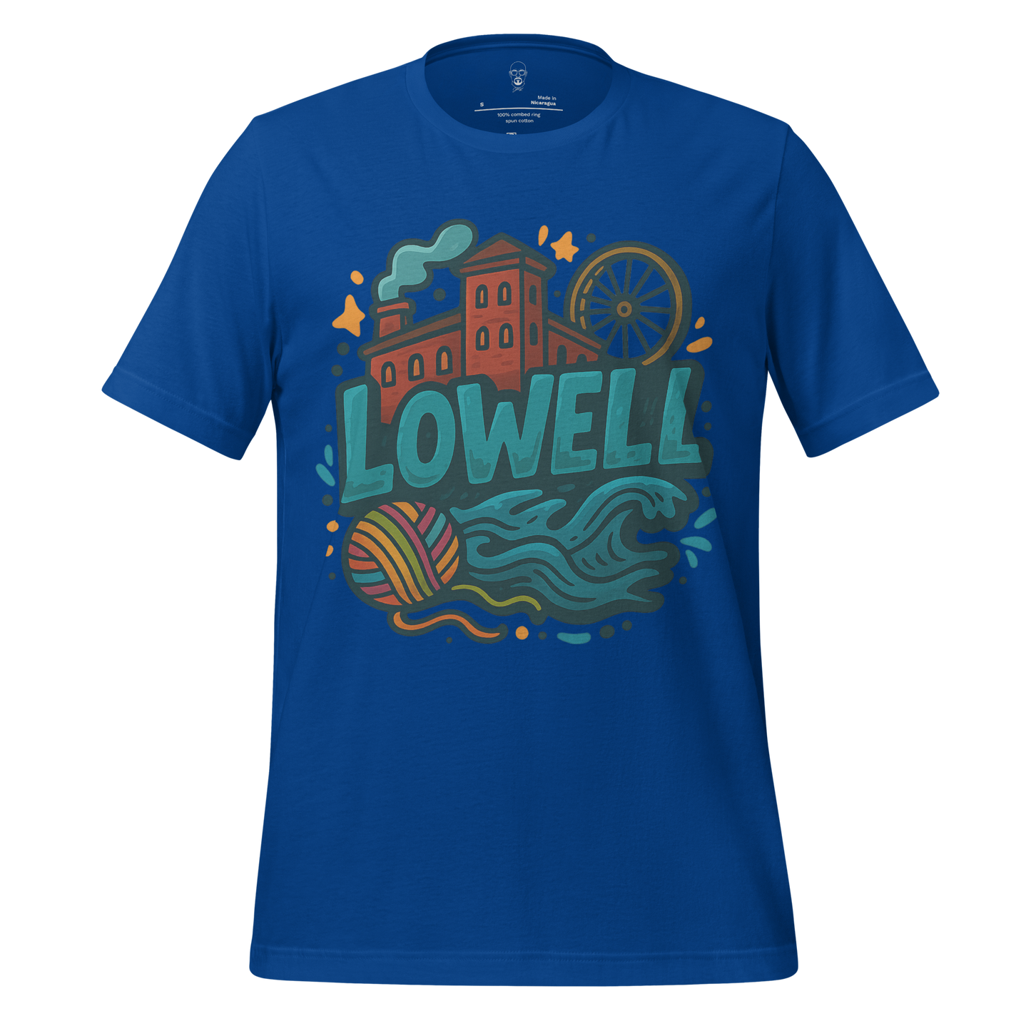JMK Drip Lowell Graphic T-Shirt in blue with colorful illustration of a building, waves, and a ferris wheel