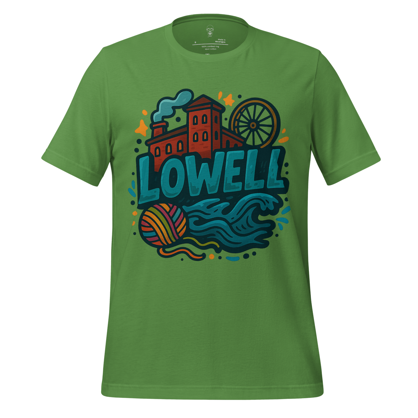 Green JMK Drip Lowell Graphic T-Shirt featuring colorful Lowell cityscape with wave and wheel design