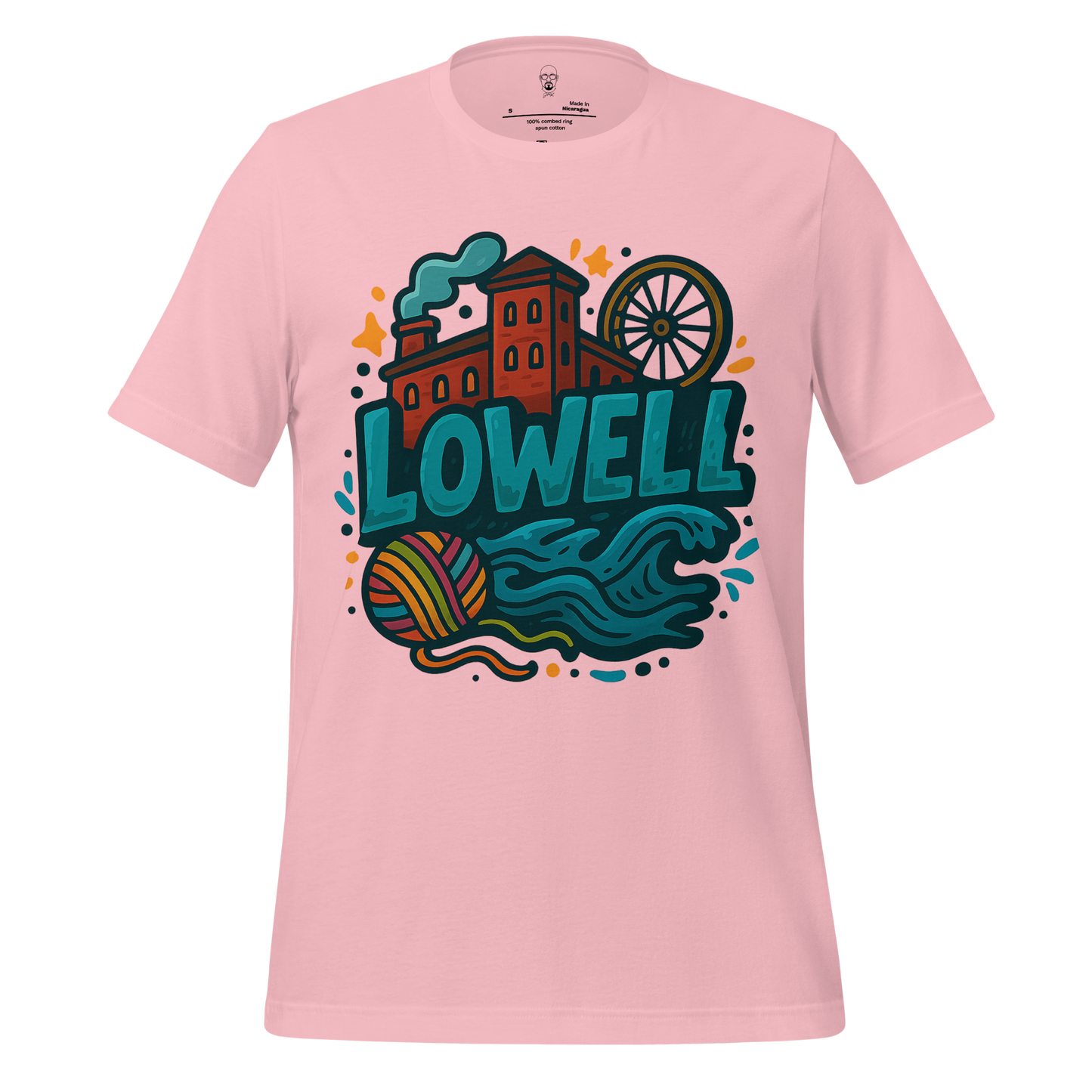 JMK Drip pink Lowell Graphic T-Shirt featuring colorful Lowell city design with river, mill, and ferris wheel