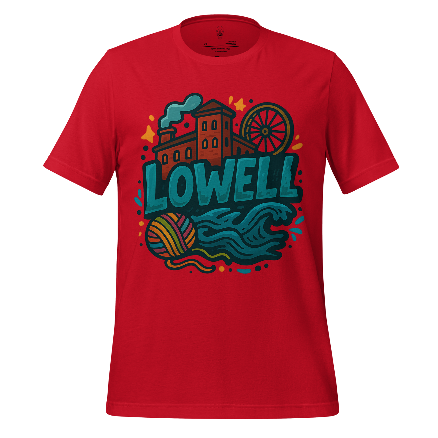 Red Lowell Graphic T-Shirt by JMK Drip featuring colorful industrial and water-themed design