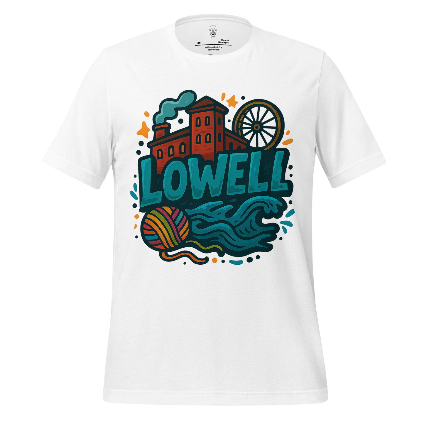 White Lowell Graphic T-Shirt by JMK Drip featuring colorful Lowell cityscape and wave design
