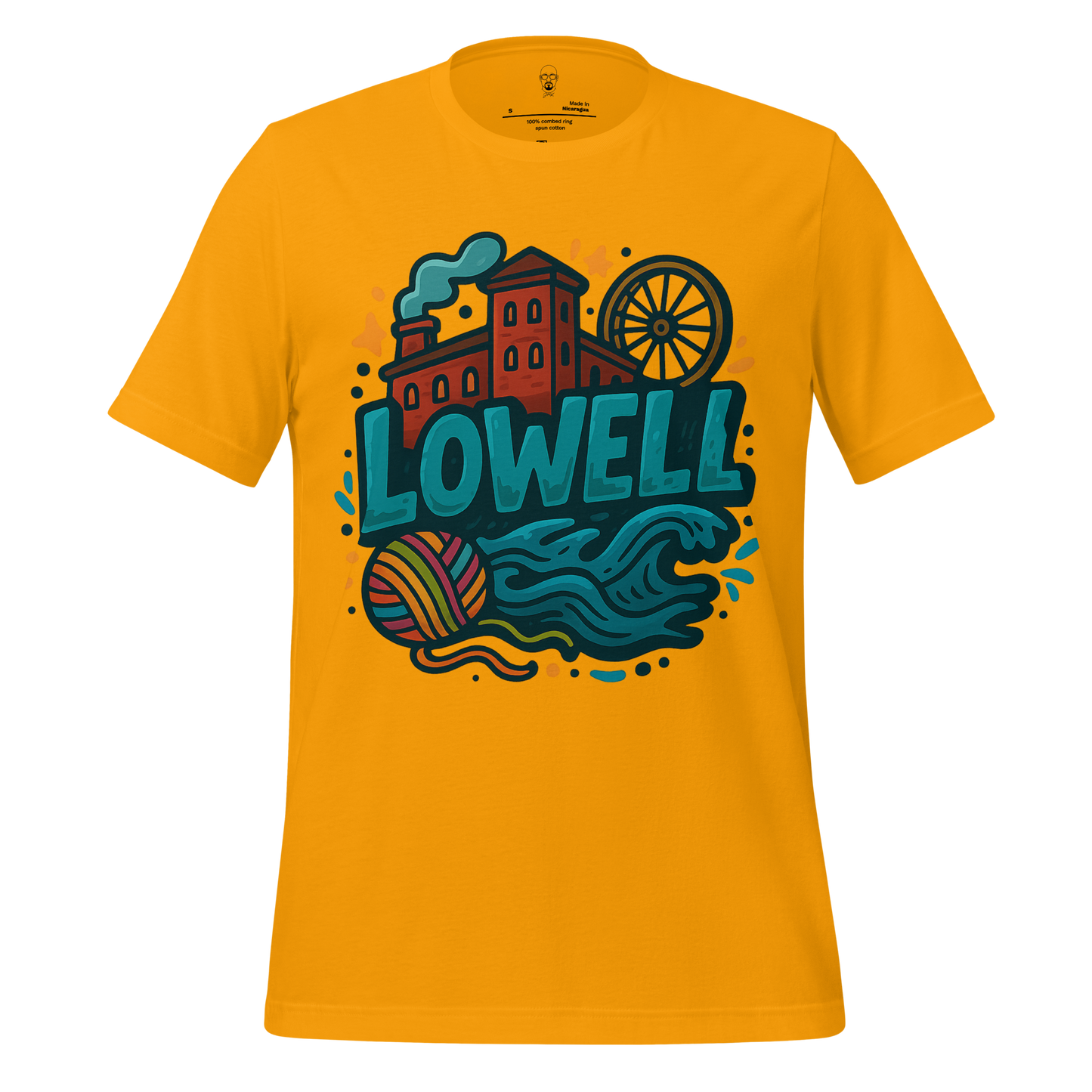 JMK Drip mustard yellow Lowell Graphic T-Shirt with colorful Lowell city design and river waves