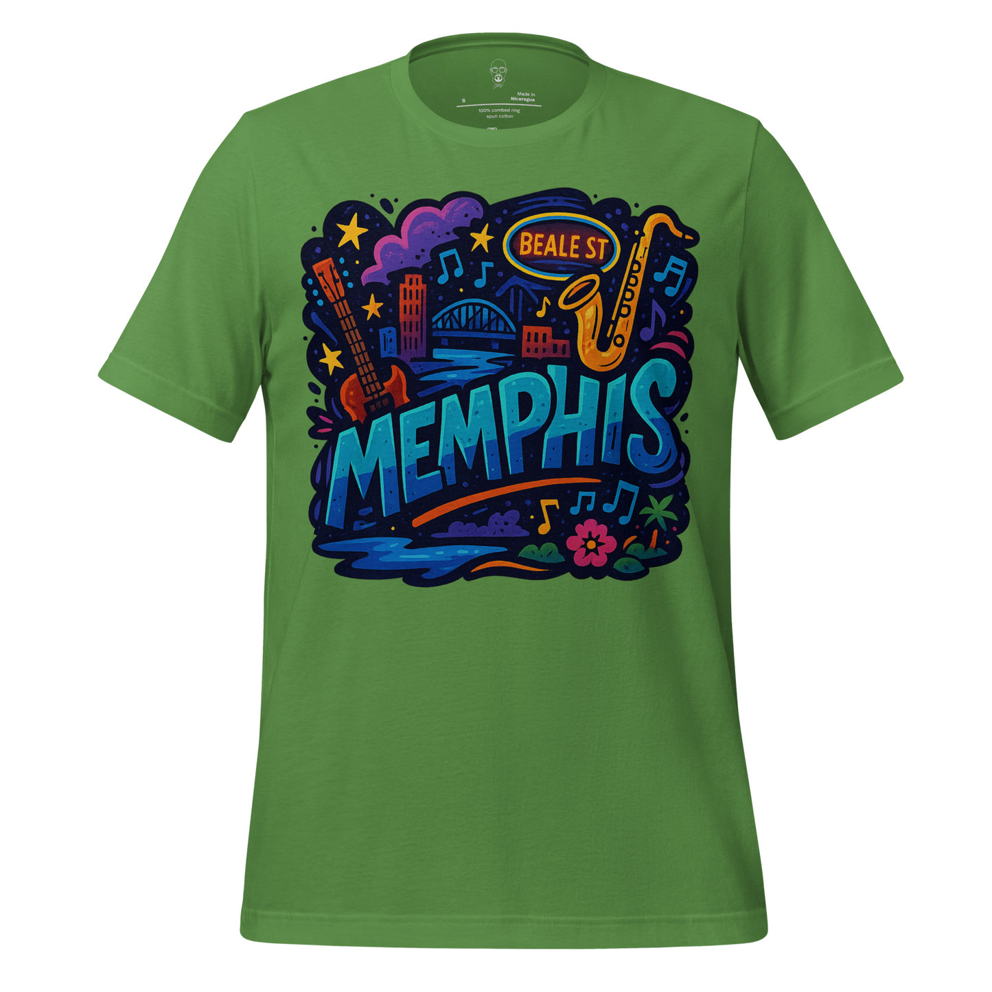 JMK Drip green Memphis graphic t-shirt with colorful musical and cityscape design featuring guitar and saxophone