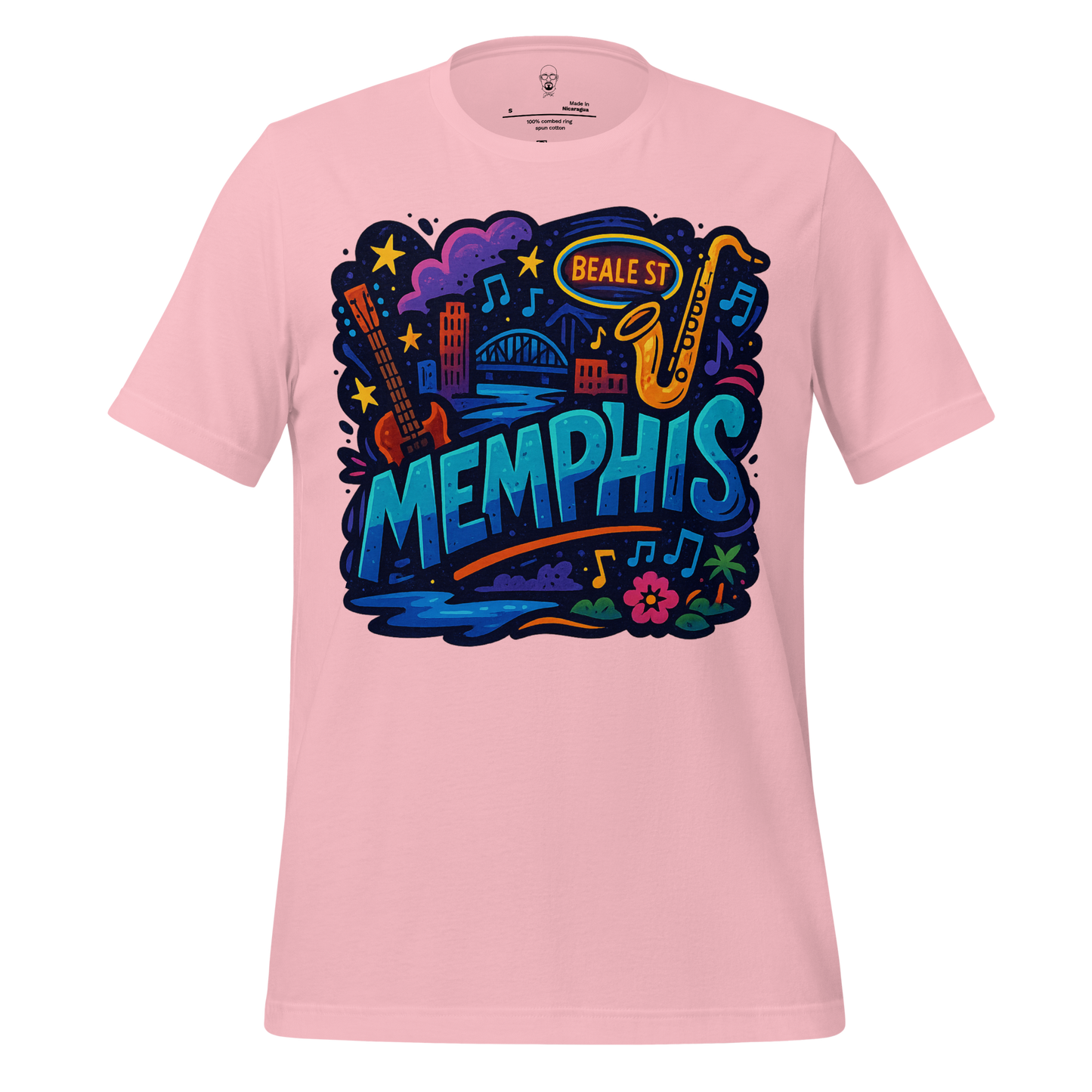 Pink JMK Drip Memphis graphic t-shirt featuring colorful guitar saxophone and cityscape design