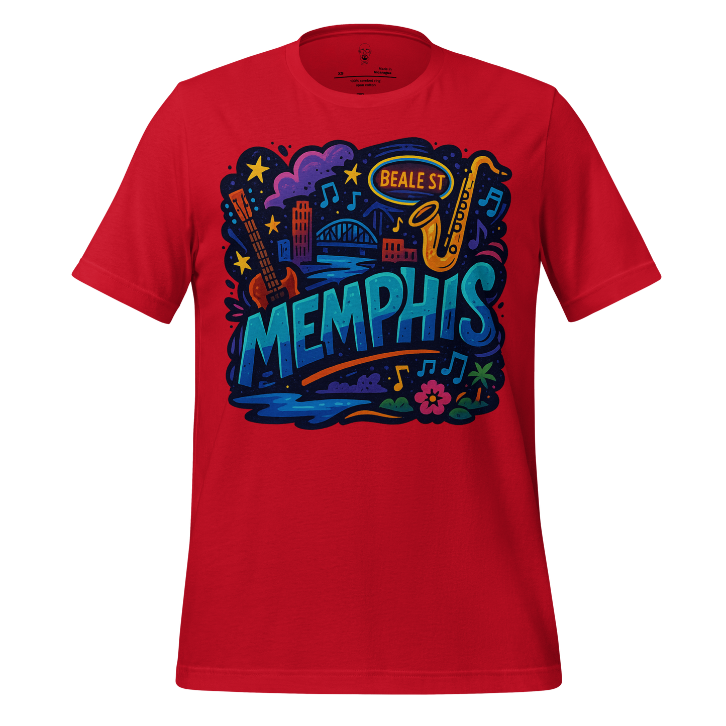 Red JMK Drip Memphis graphic t-shirt with colorful Beale Street design featuring guitar and saxophone