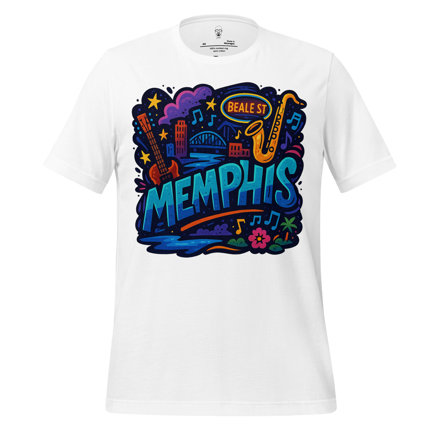 White Memphis graphic t-shirt by JMK Drip with colorful Beale Street music-themed design