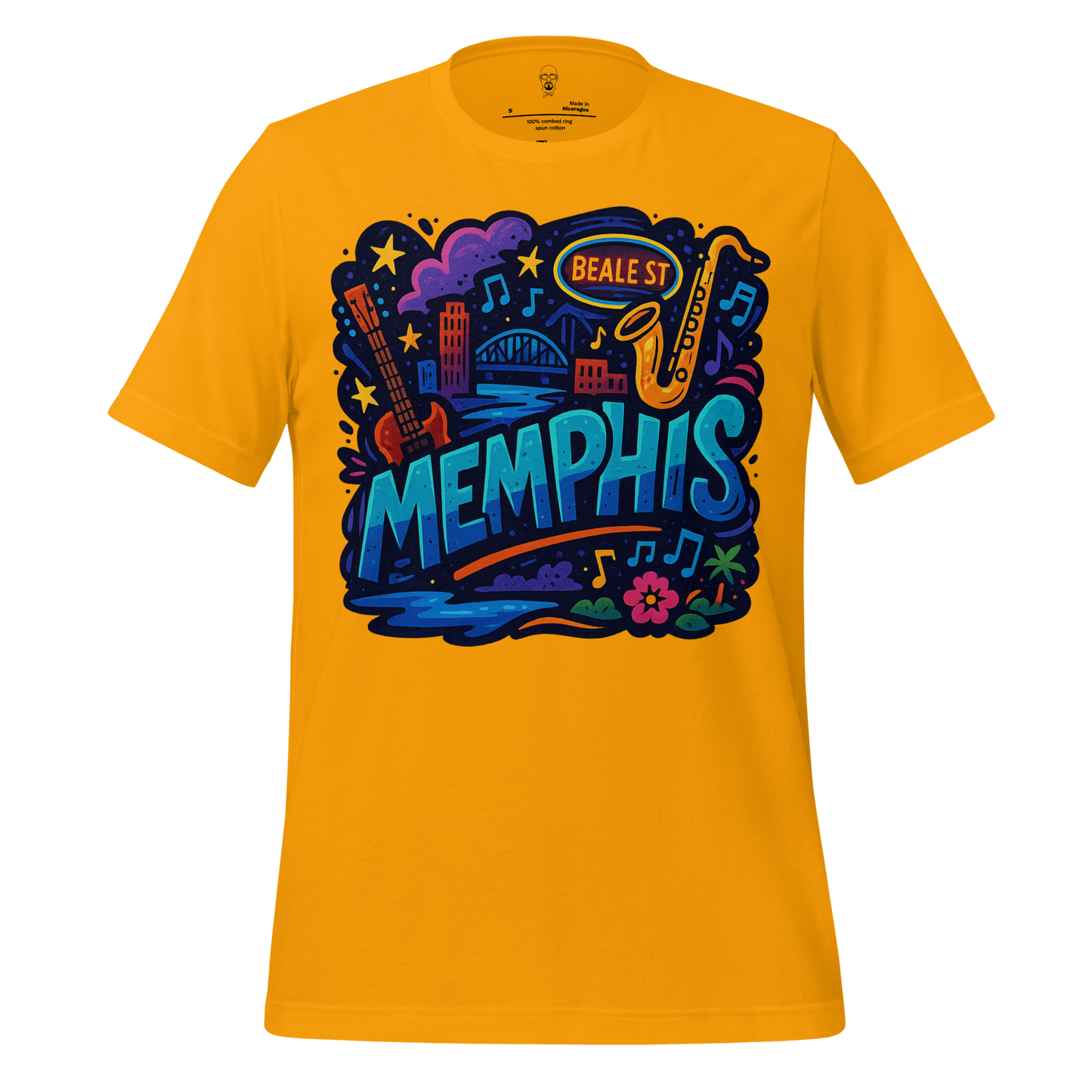 JMK Drip yellow Memphis graphic t-shirt with colorful music and city-themed illustration
